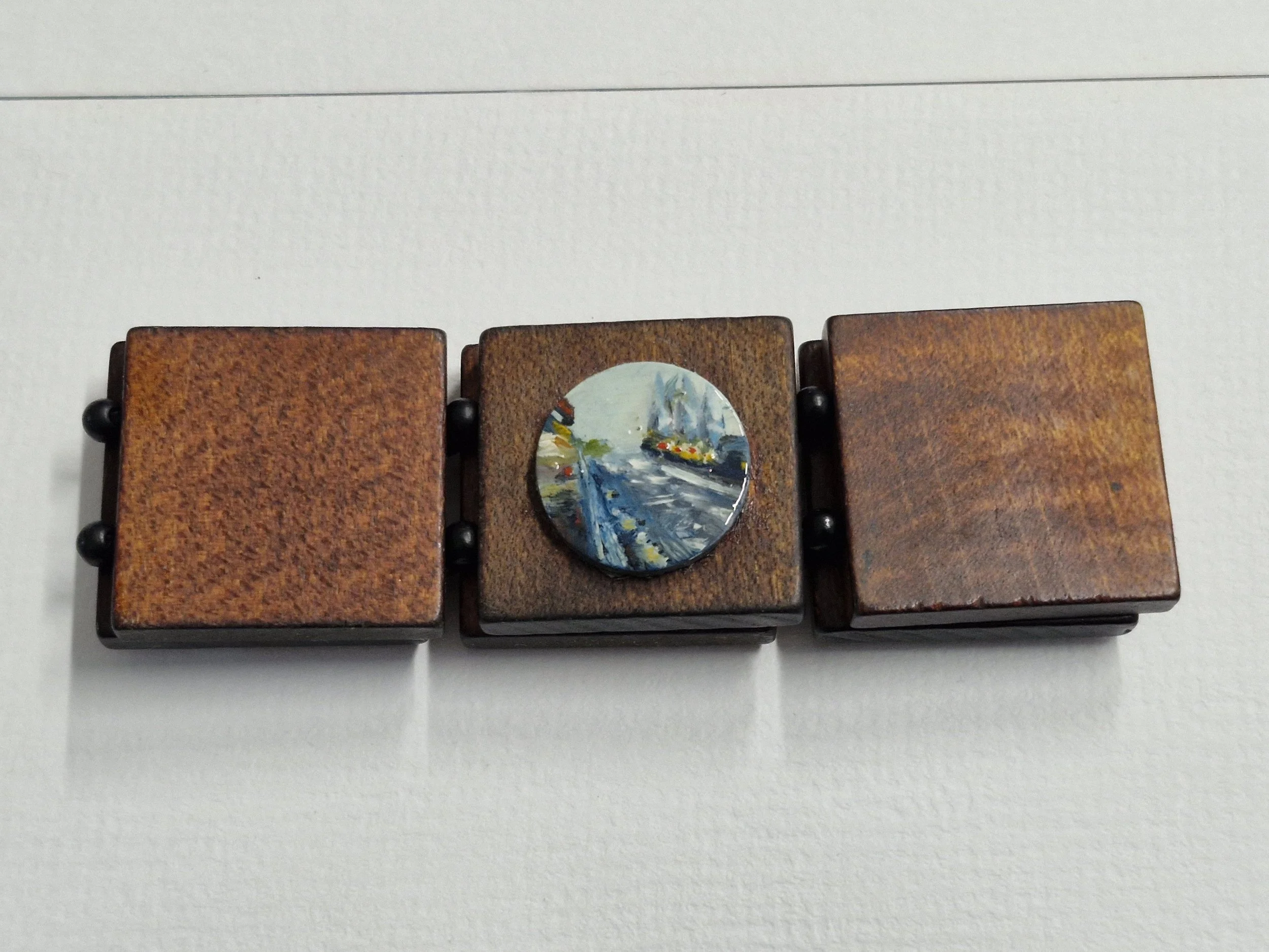 'Traveller' Bracelet : Oil paint and enamel on unknown wood. Currently showing at The Collaboration, New Plymouth, Taranaki NZ