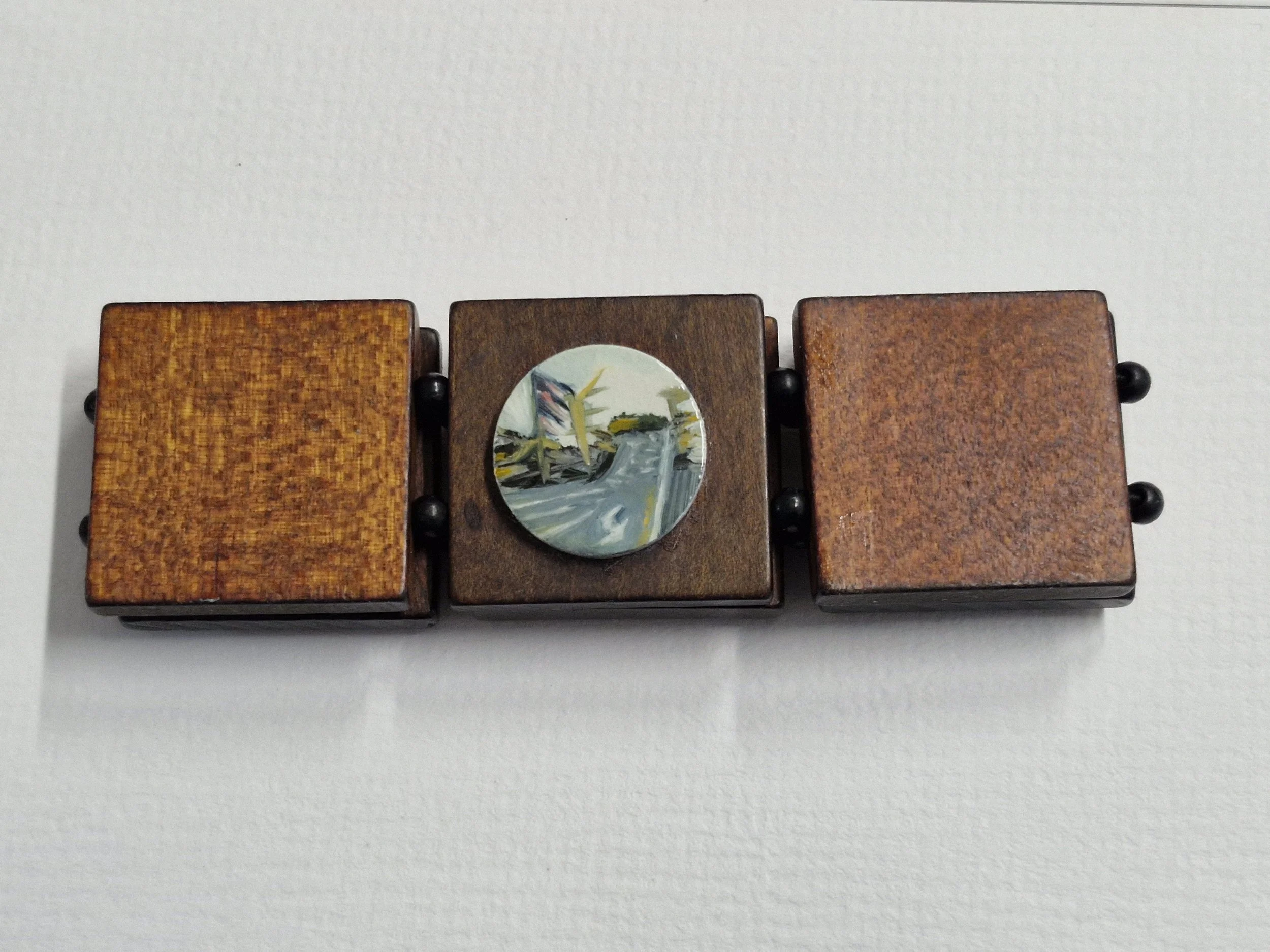 'Traveller' Bracelet : Oil paint and enamel on unknown wood. Currently showing at The Collaboration, New Plymouth, Taranaki NZ