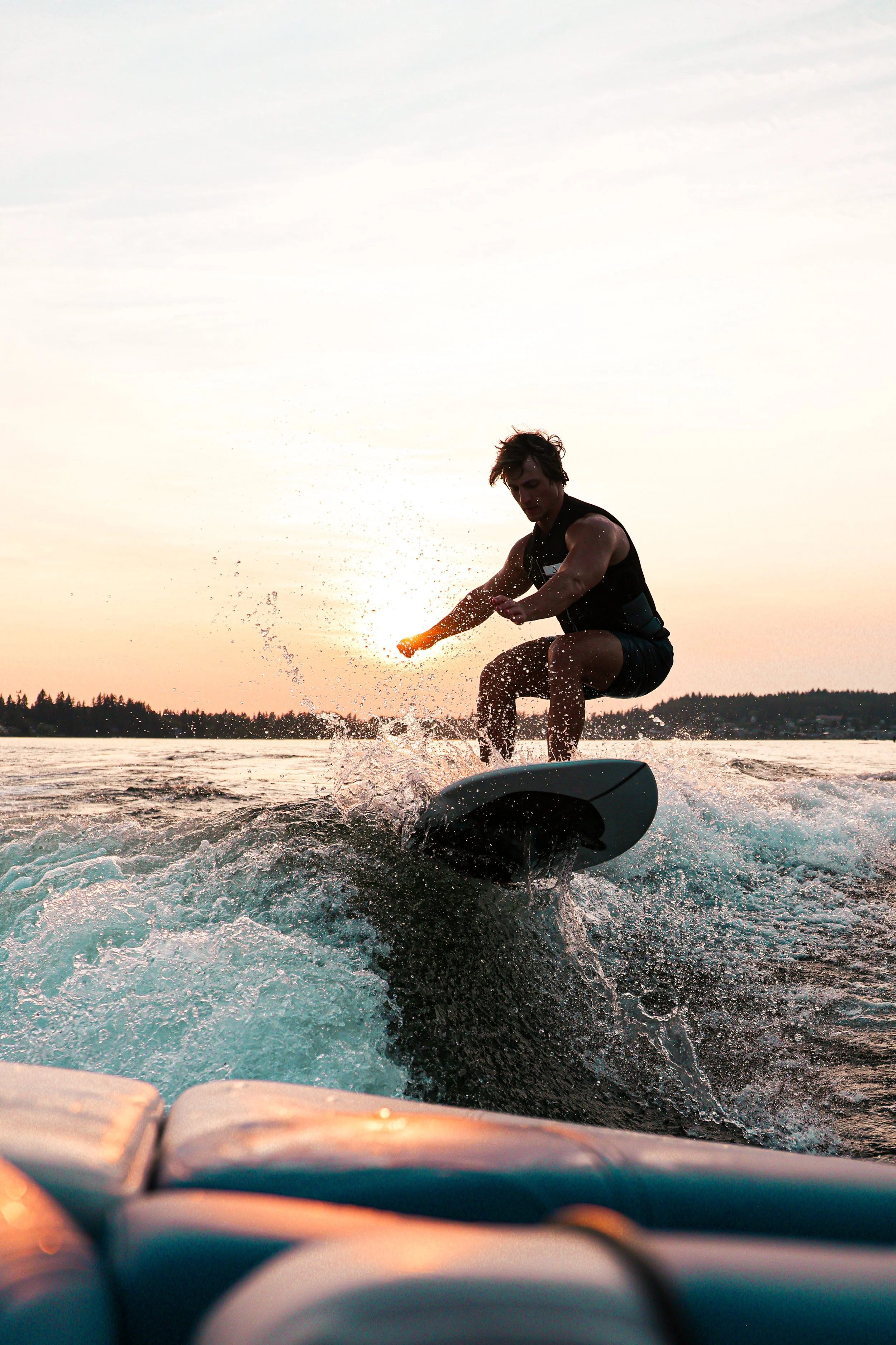 Whatcom Wake Sports wakeboarding at sunset on Bellingham WA lake — NYLEAR local business social media content strategy