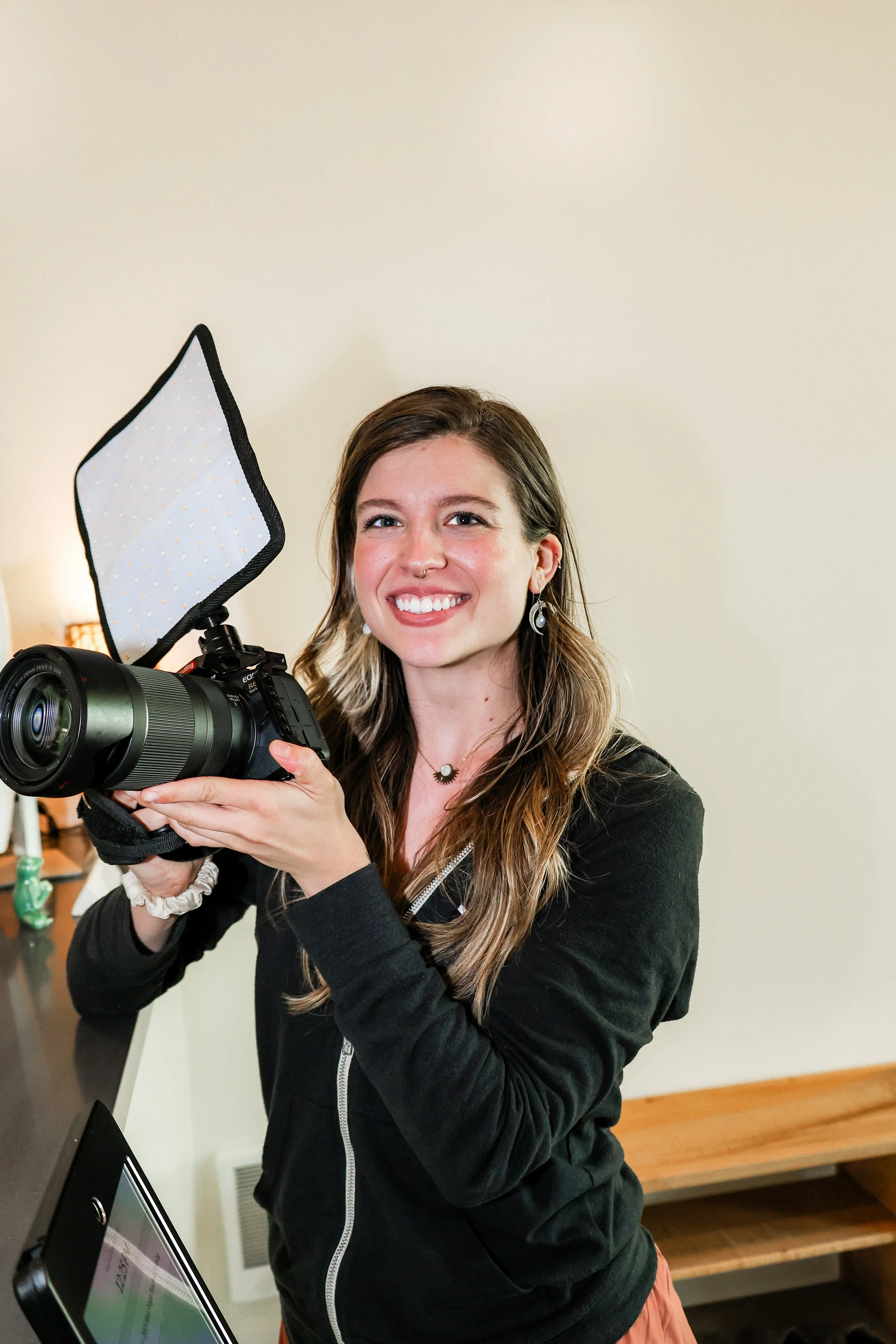 Raelyn Kaplan on a content production shoot for a NYLEAR client — photography and video services for Pacific Northwest brands