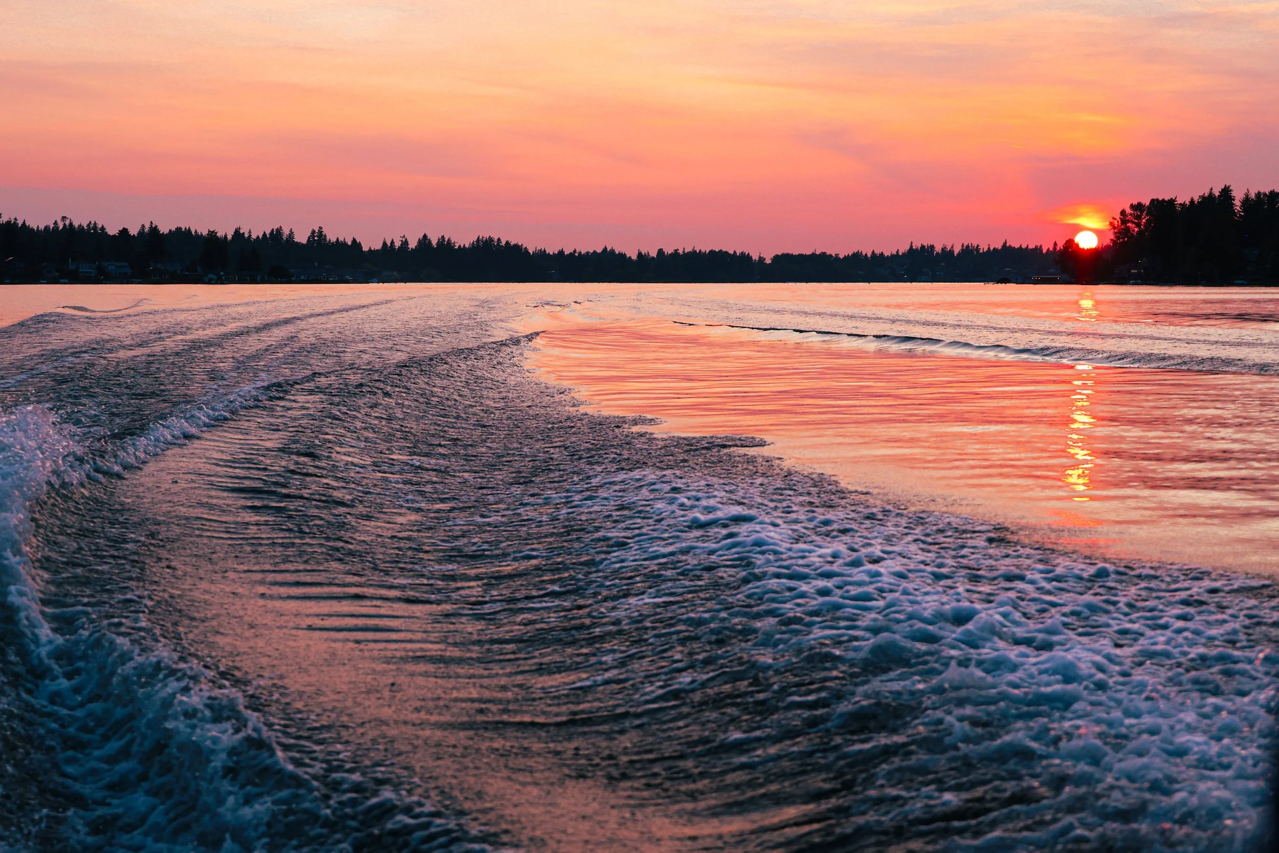 Pacific Northwest sunset on Bellingham WA lake — Whatcom Wake Sports client content for NYLEAR local business social media marketing