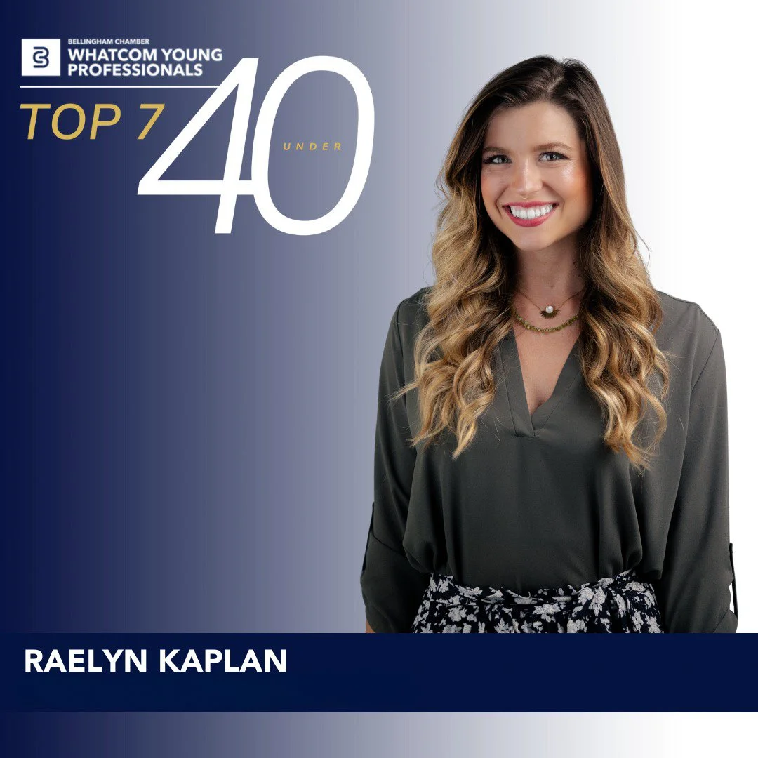 Professional woman with long wavy hair smiling, wearing a dark blouse and patterned skirt, on a graphic design background with text about top 40 under 40 professionals.