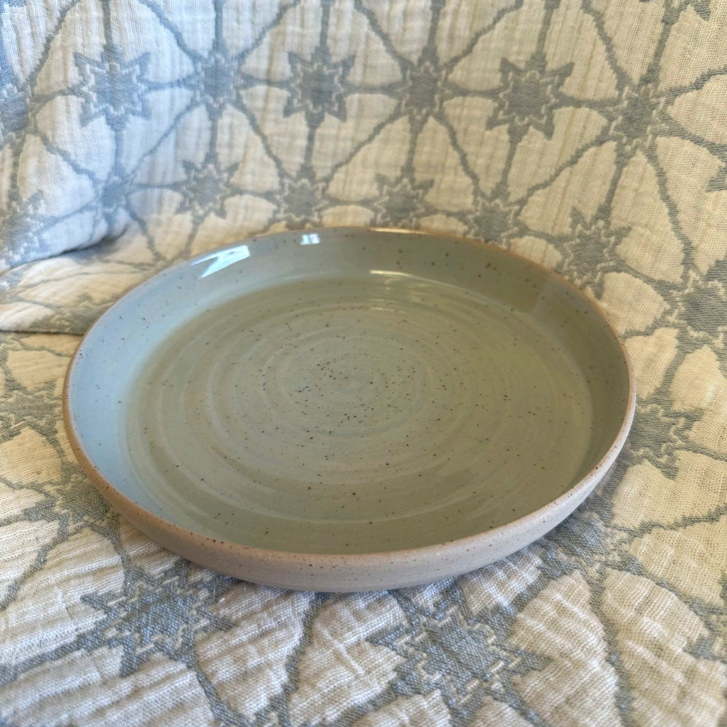 light blue speckle pasta bowl