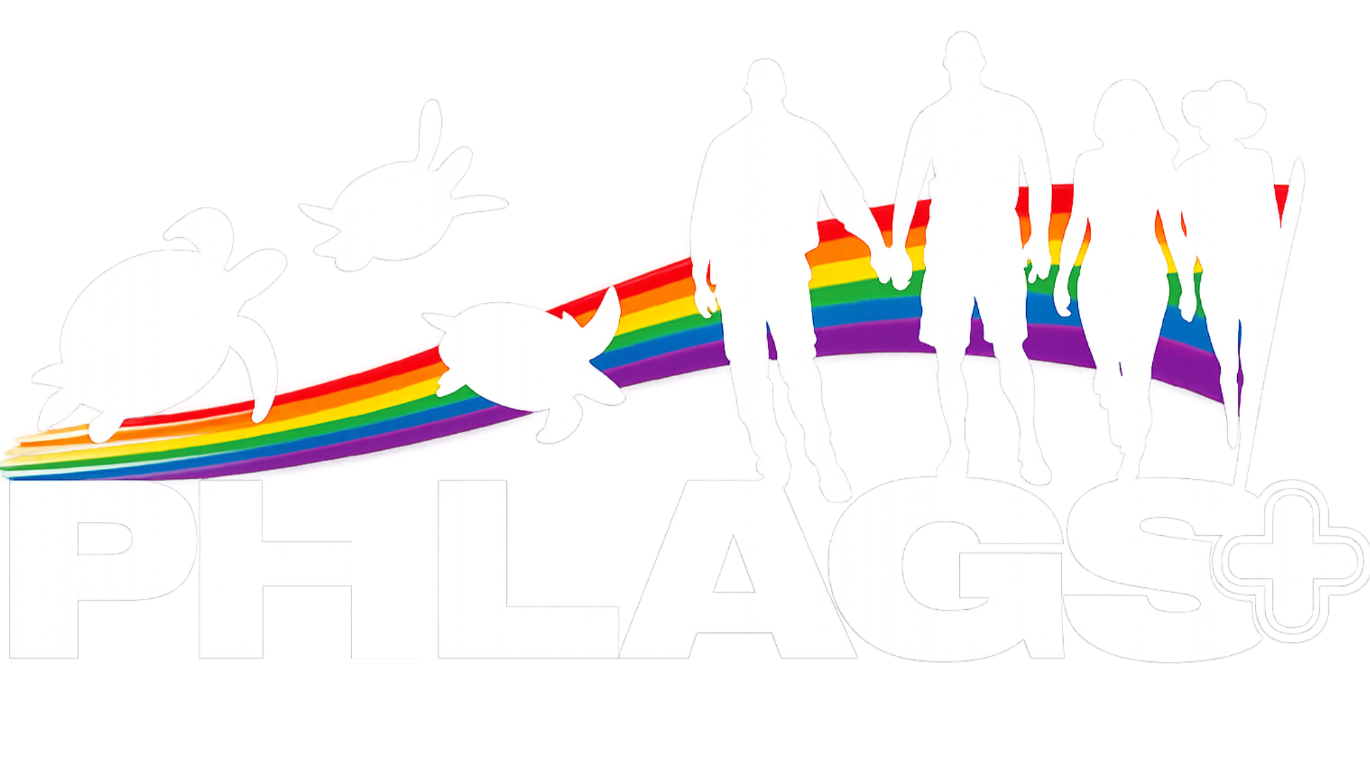 Silhouettes of four people holding hands in front of a rainbow-colored background. The word PHLAGS+ underneath