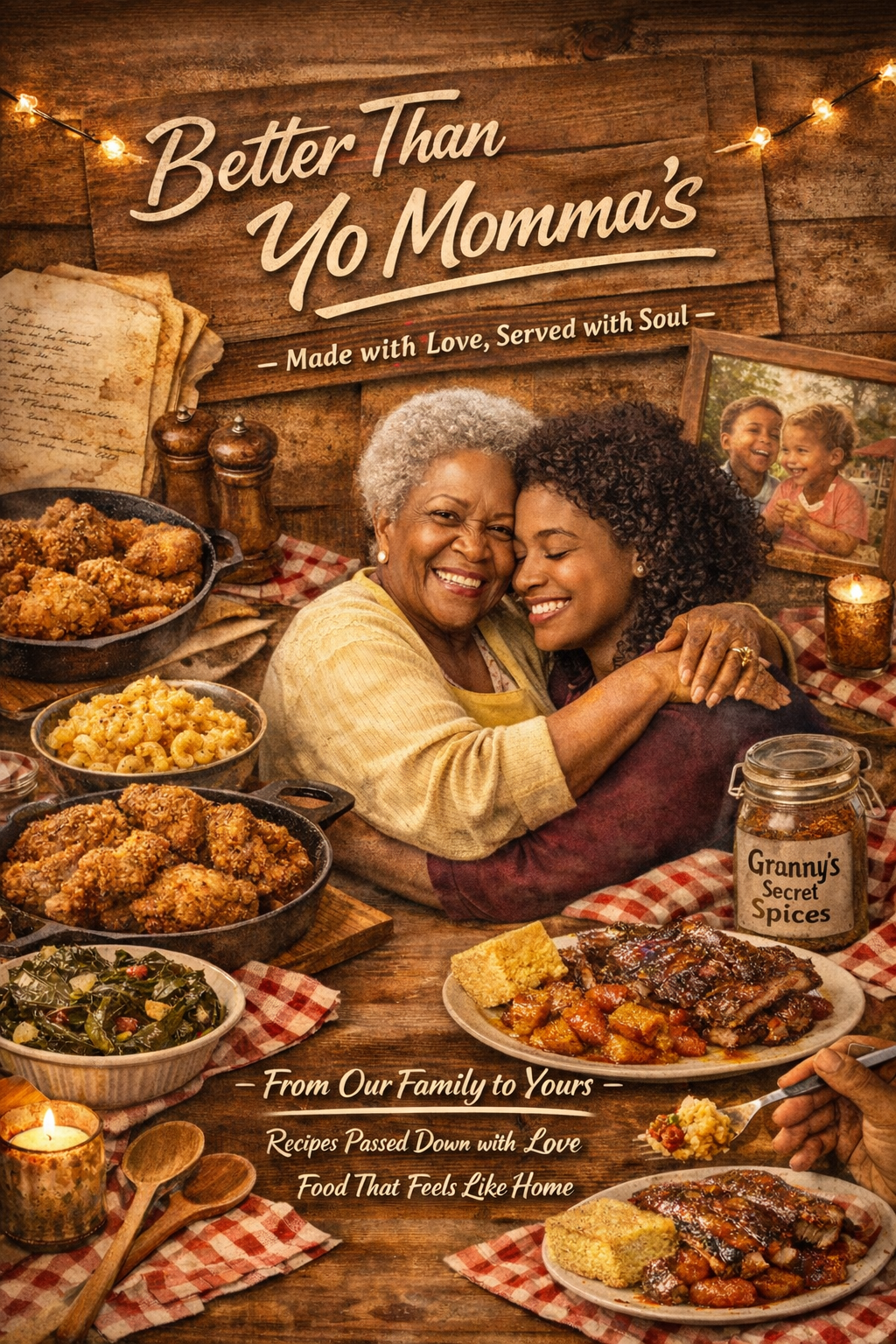 A warm family gathering with two women hugging, surrounded by homemade comfort foods such as fried chicken, macaroni and cheese, and ribs on a rustic table. There are candles, a jar labeled 'Granny's Secret Spices,' and a framed photo of children, all set against a wooden background with string lights.