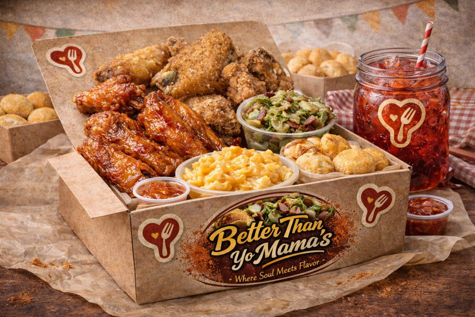 A food takeout box labeled 'Better Than Yo Mama's' contains fried chicken, ribs, macaroni and cheese, green beans with bacon, and finger foods. Additional sides and a jar of strawberry jam are visible.