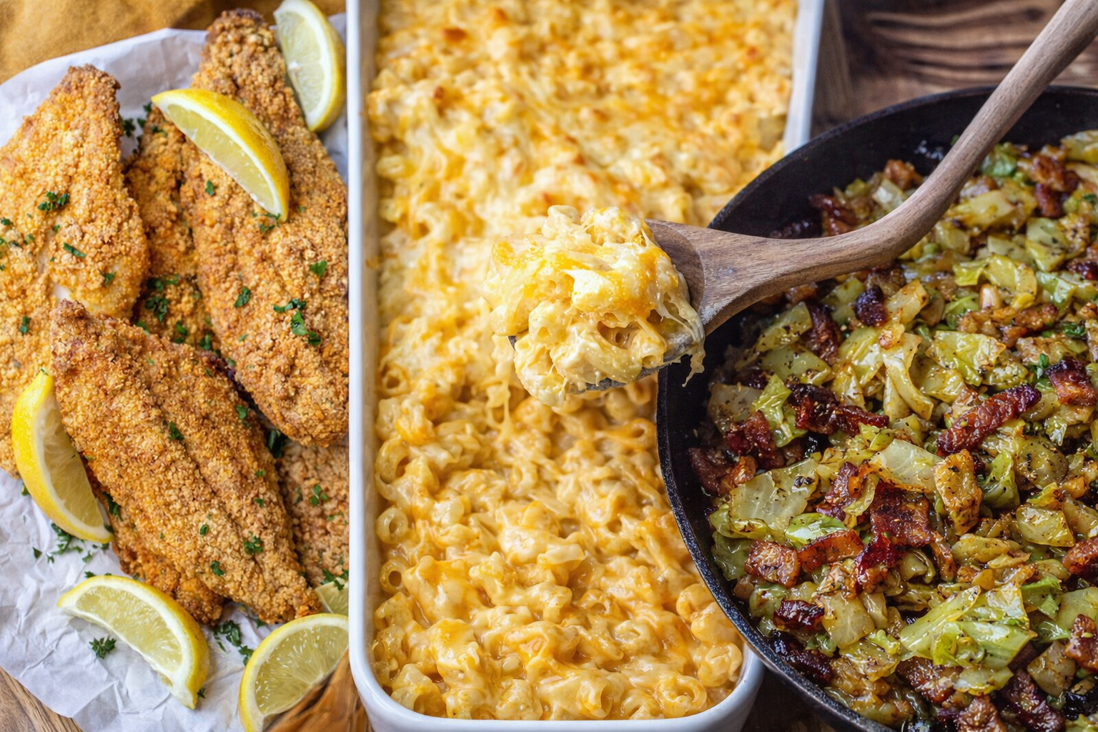 Fried fish fillets with lemon wedges, macaroni and cheese, and a skillet of cooked cabbage with bacon bits.
