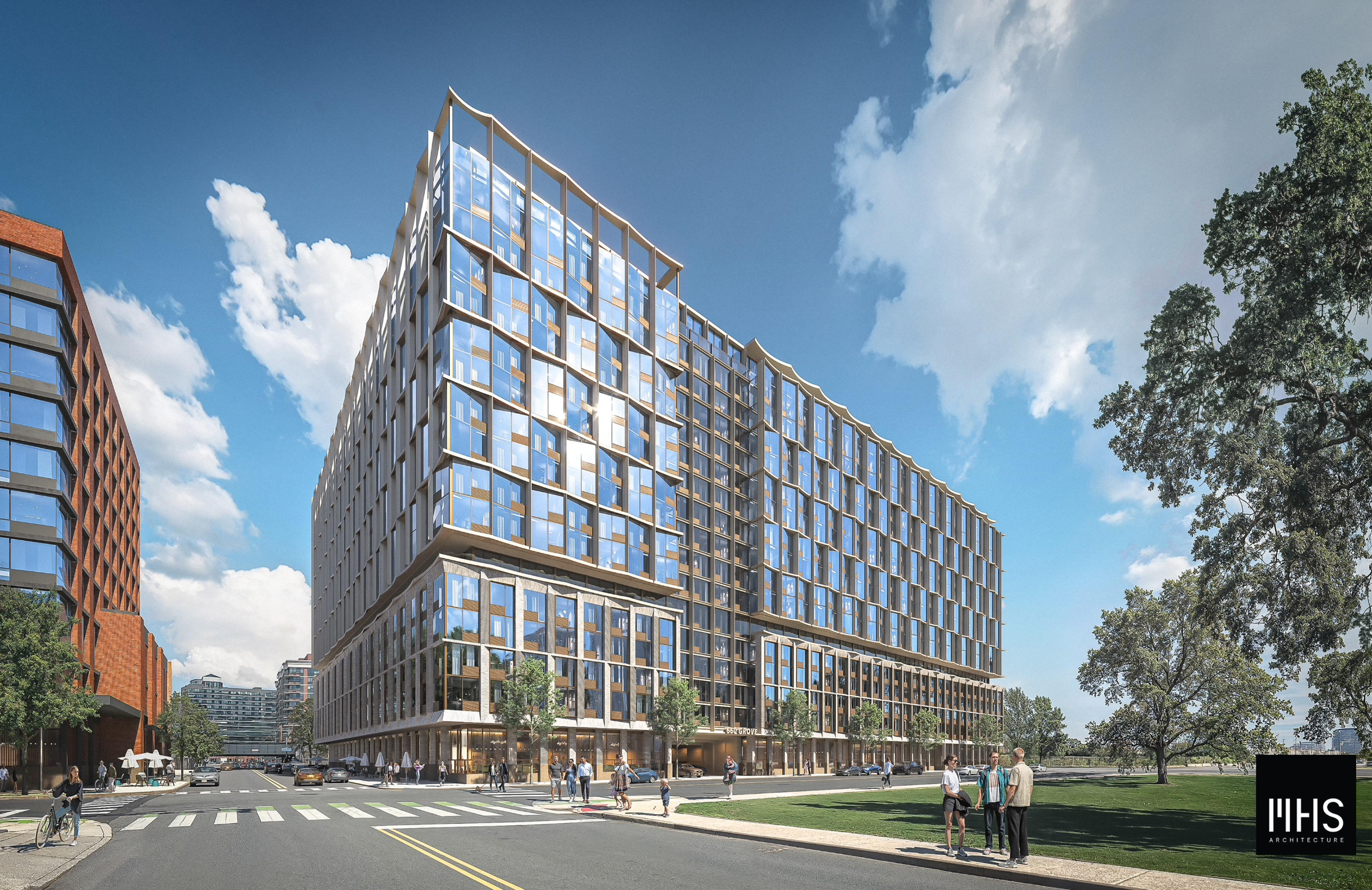 Urban scene featuring a modern multi-story building with glass windows, surrounded by trees and a city street with pedestrians, bicycles, and cars under a blue sky with clouds.