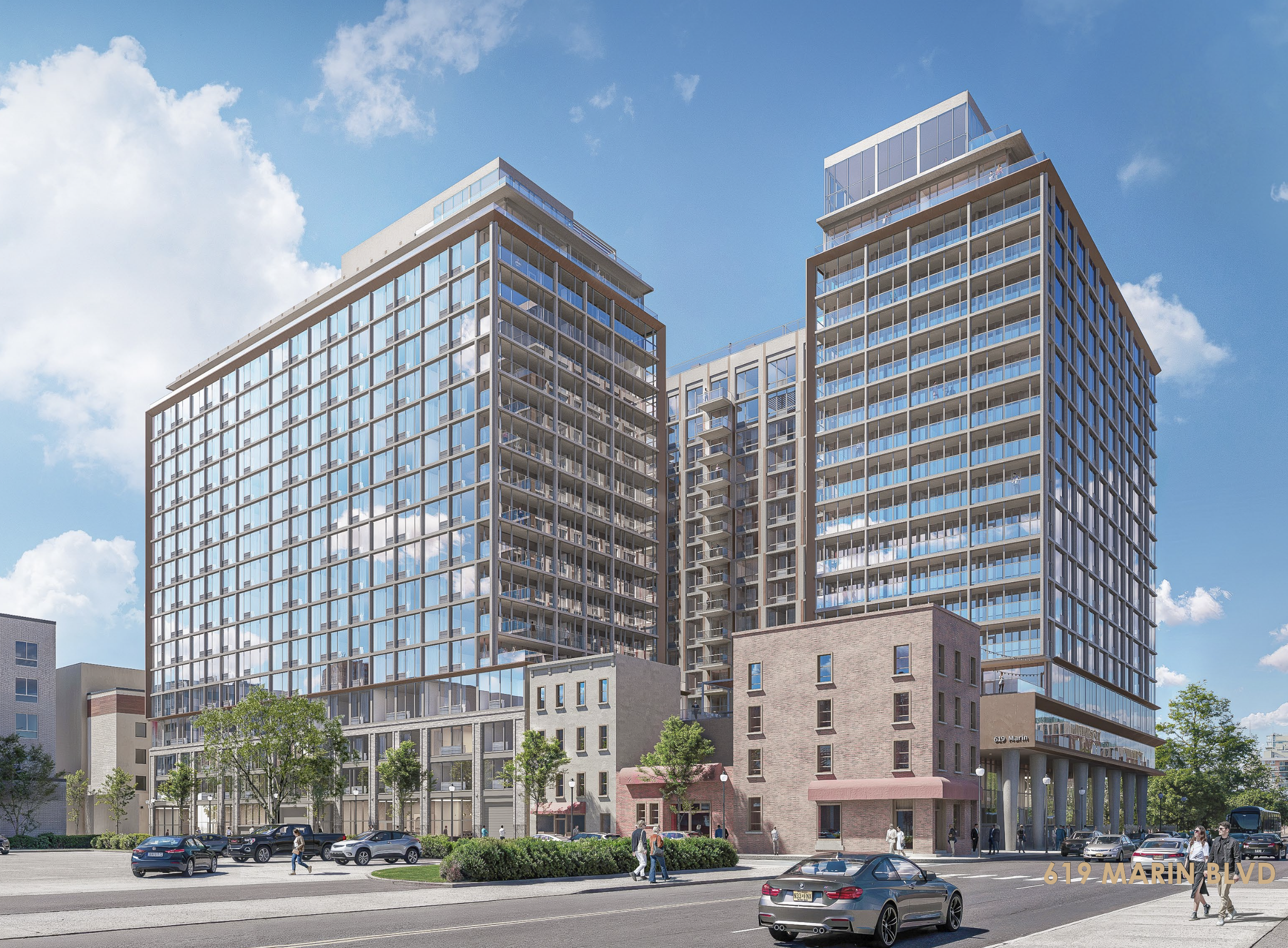 Modern high-rise building with glass balconies and a mixed-use structure, labeled 619 Marin Blvd, with people walking on the sidewalk, cars parked on the street, and trees in the foreground.