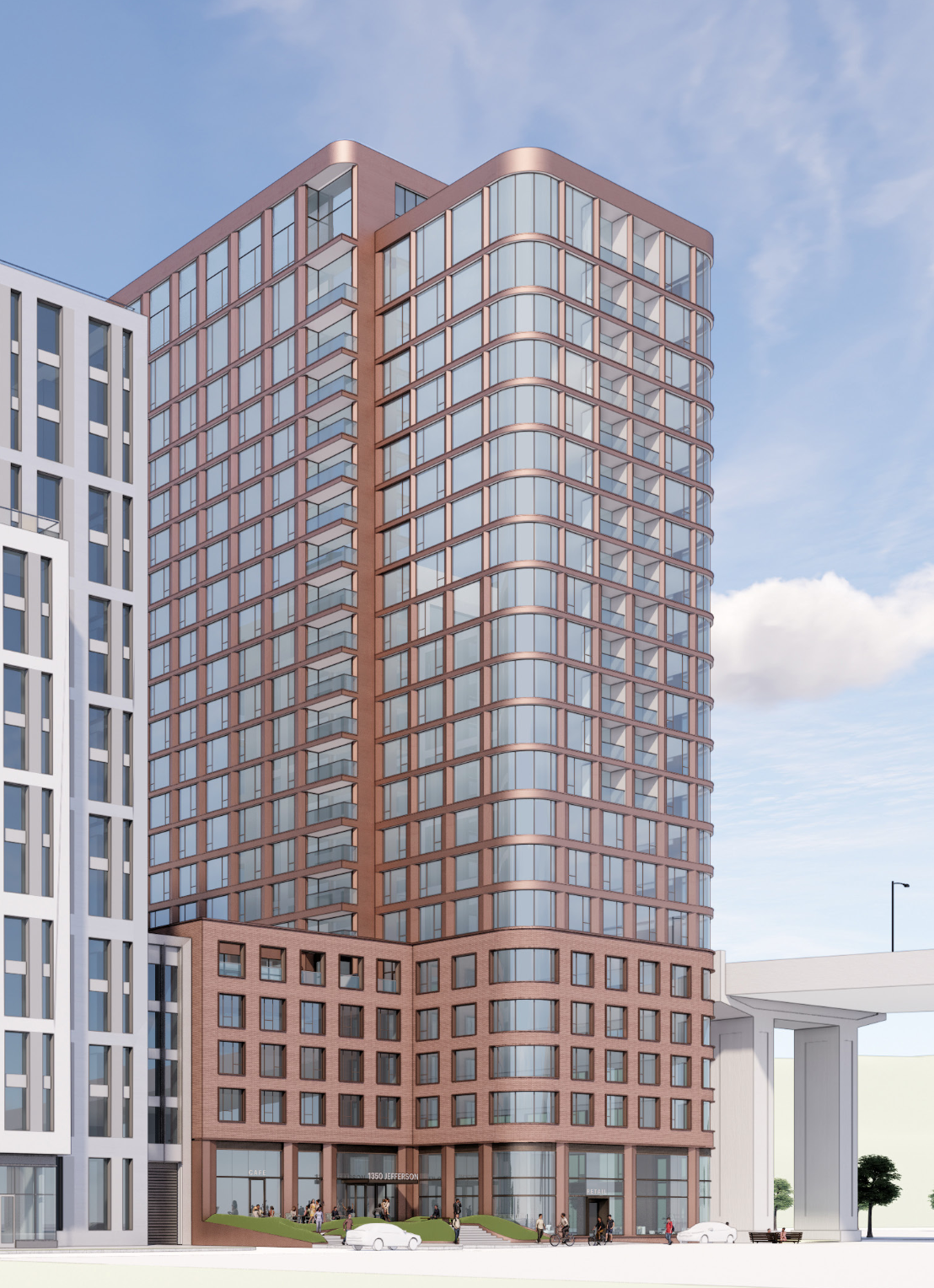 Rendering of a modern high-rise residential building with glass and brick exterior, with people, cars, and bicycles outside at street level.