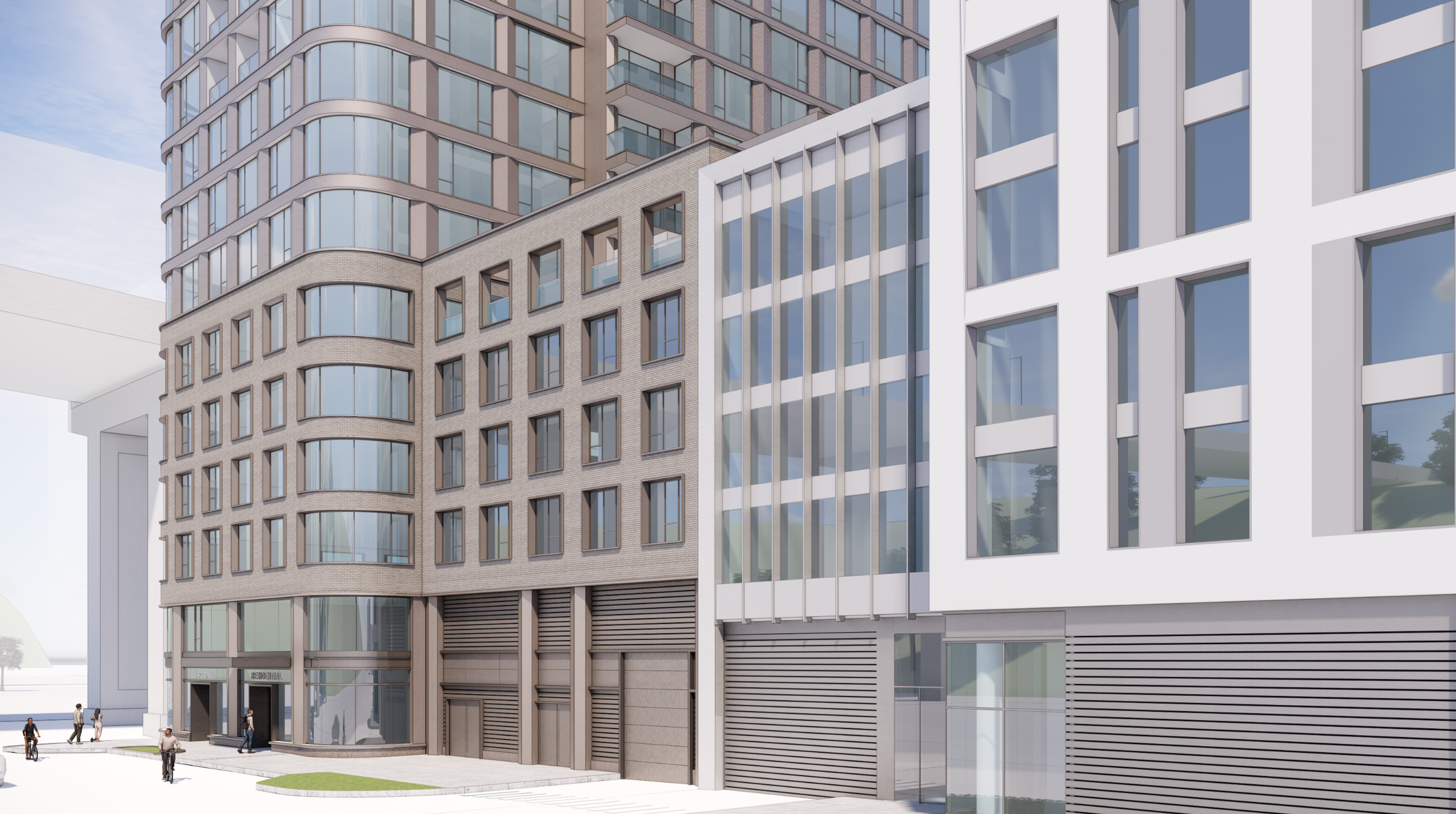 Rendering of modern multi-story office and residential building with large glass windows and curved facade, pedestrians walking by on the sidewalk.