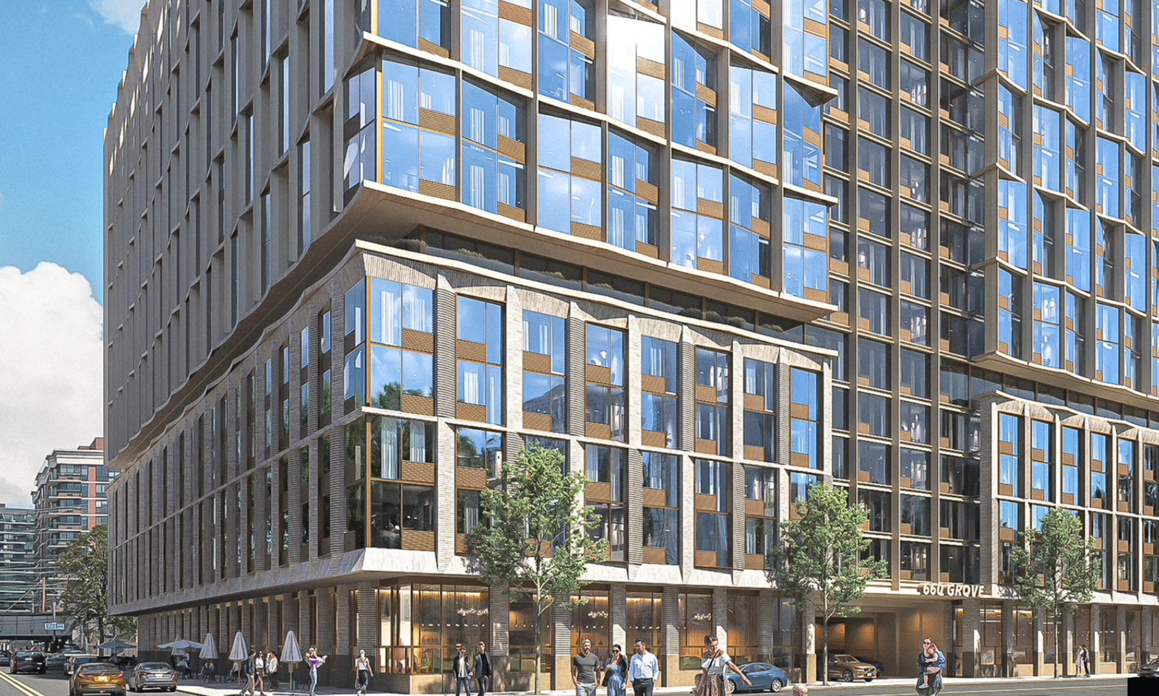 Modern multi-story building with large glass windows and wooden accents, with people walking on the streets and cars parked nearby.