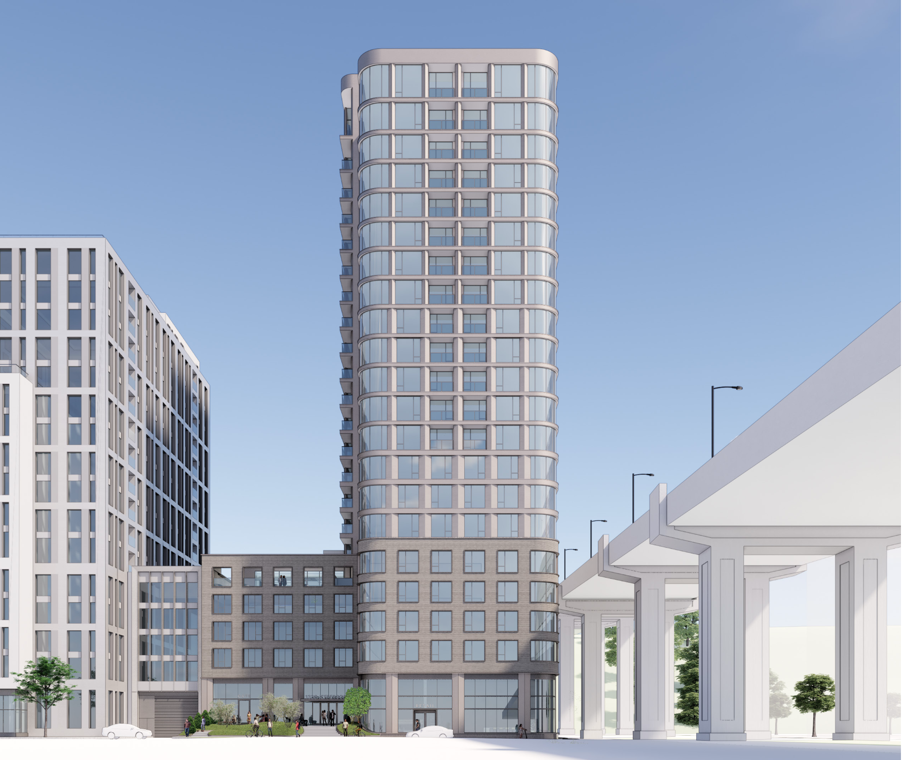 Rendering of a modern high-rise building with glass windows and rounded edges, surrounded by other buildings and urban infrastructure under a clear blue sky.