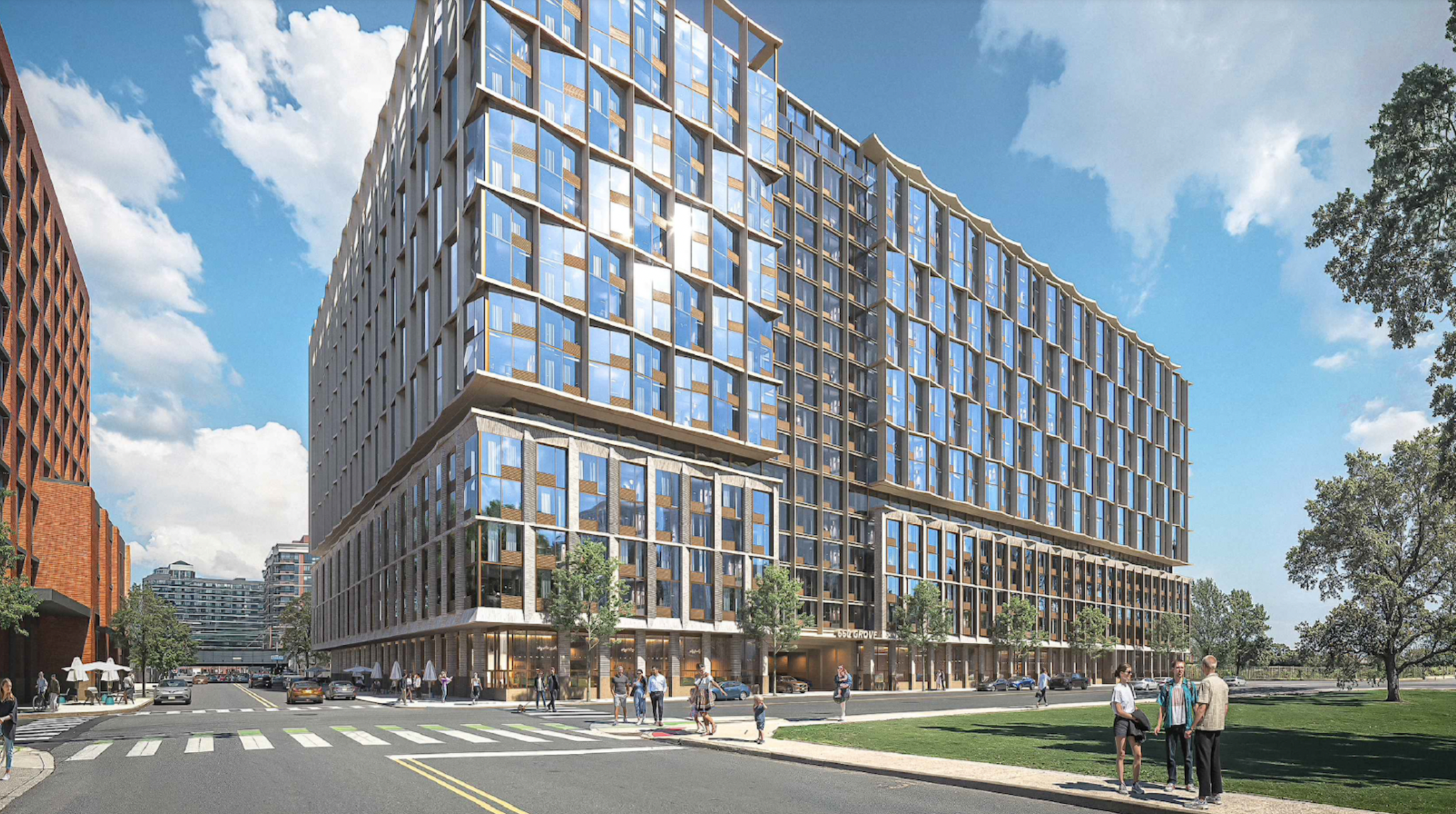 Modern multi-story building with glass windows and wooden accents, people walking on the sidewalk and cars on the street, clear blue sky, trees in the foreground.