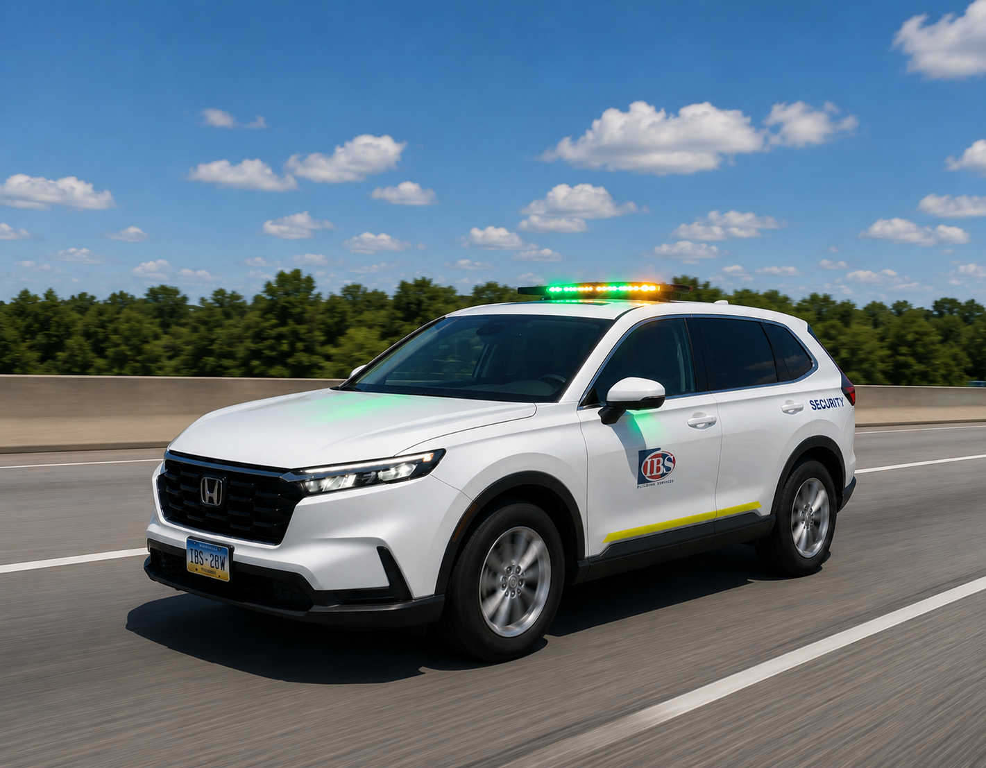 A white Honda police SUV with flashing green emergency lights, marked with the logo of a security company, driving on an open highway under a blue sky with scattered clouds.