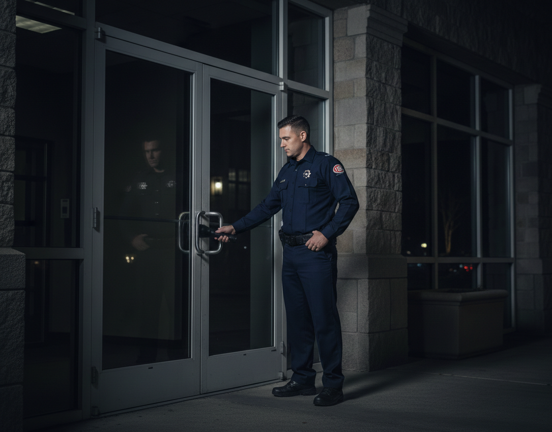 A security guard in a dark blue uniform opening a glass door outside a building at night.