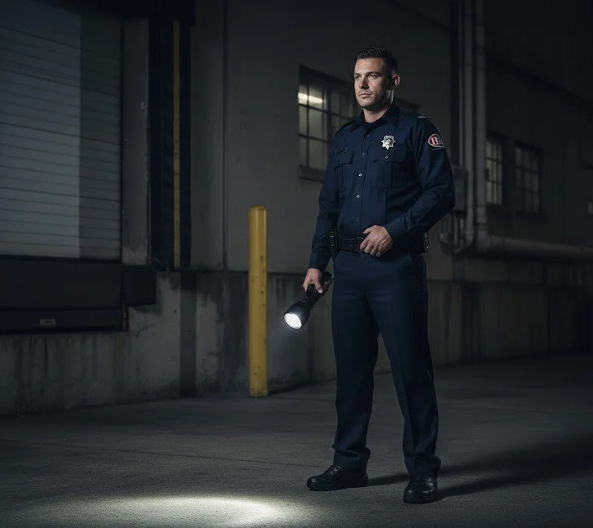 A police officer standing in a dimly lit industrial area at night, holding a flashlight in his right hand, wearing a dark blue uniform with badge and patch, looking serious.