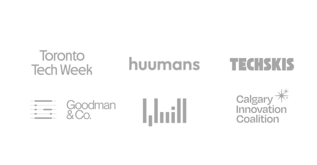 Black background with white text and logos. Top left: 'Toronto Tech Week.' Center: 'humans.' Top right: 'TECHSKIS.' Bottom left: Goodman & Co. logo. Center bottom: bar chart icon. Bottom right: Calgary Innovation Coalition with a starburst icon.