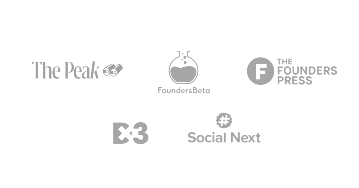 Collection of six logos including The Peak with a mountain and face icon, FoundersBeta with a flask icon, The Founders Press with a letter F inside a circle, a social media icon with the number 3 next to it, and Social Next with a hashtag inside a cloud