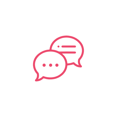 Two overlapping chat bubbles, one with three dots and the other with lines, in pink outline.