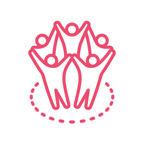 A pink line drawing of four abstract human figures holding hands, forming a circle, with a dotted line underneath.