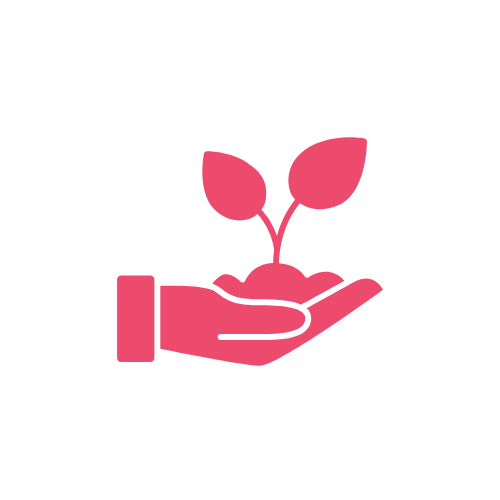 A hand holding a small plant with two leaves, representing growth or nature.
