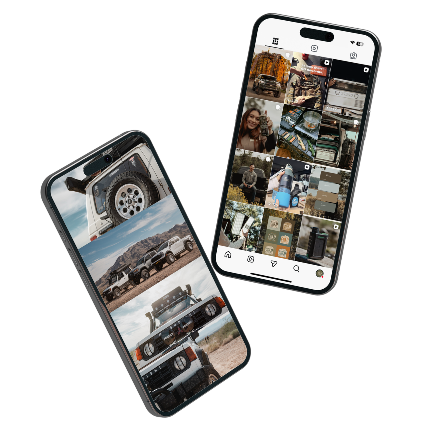 Two smartphones with various images and videos related to outdoor activities and vehicles.