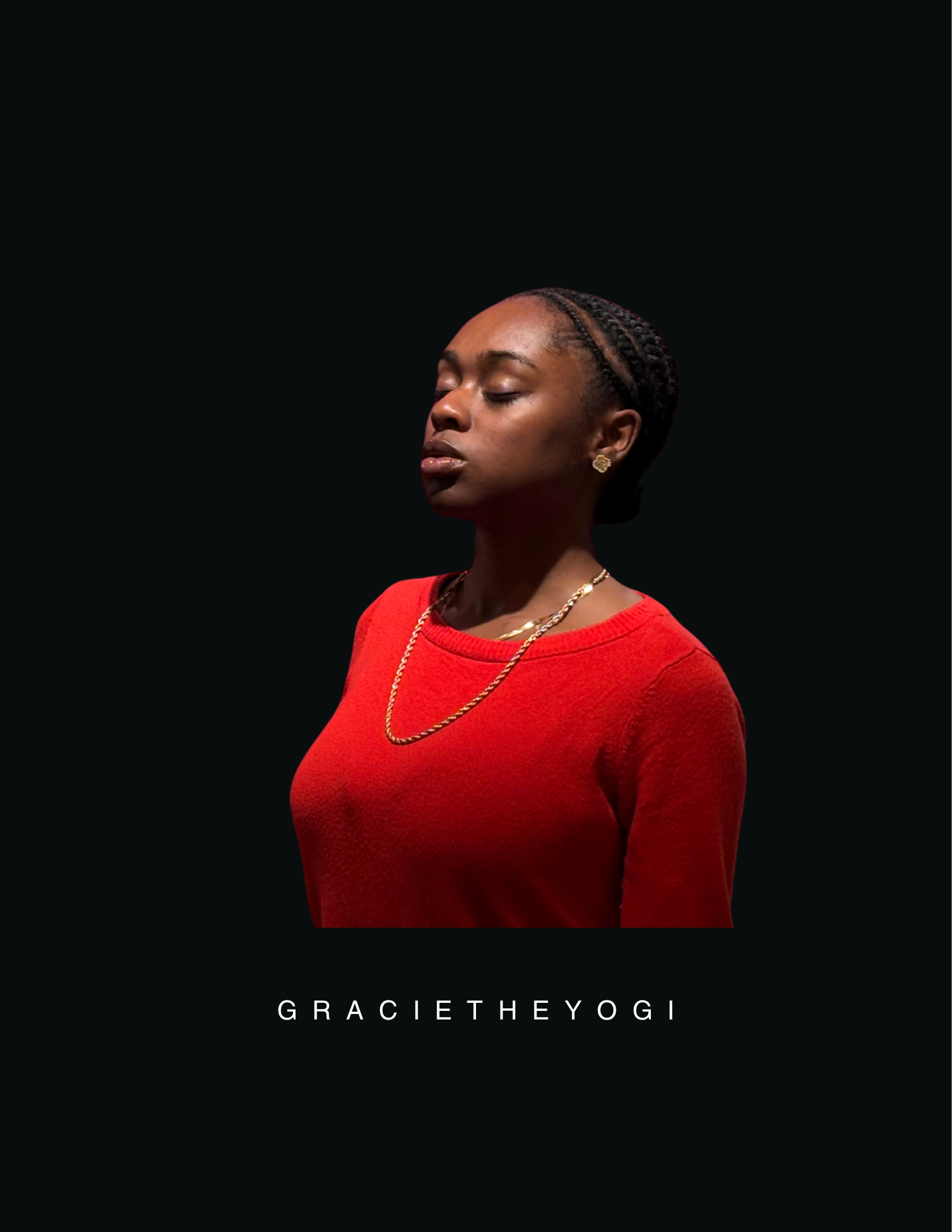 Portrait of a woman with braided hair wearing a red top and gold jewelry, with eyes closed against a black background, and the text 'GRACIETHEYOGI' at the bottom.