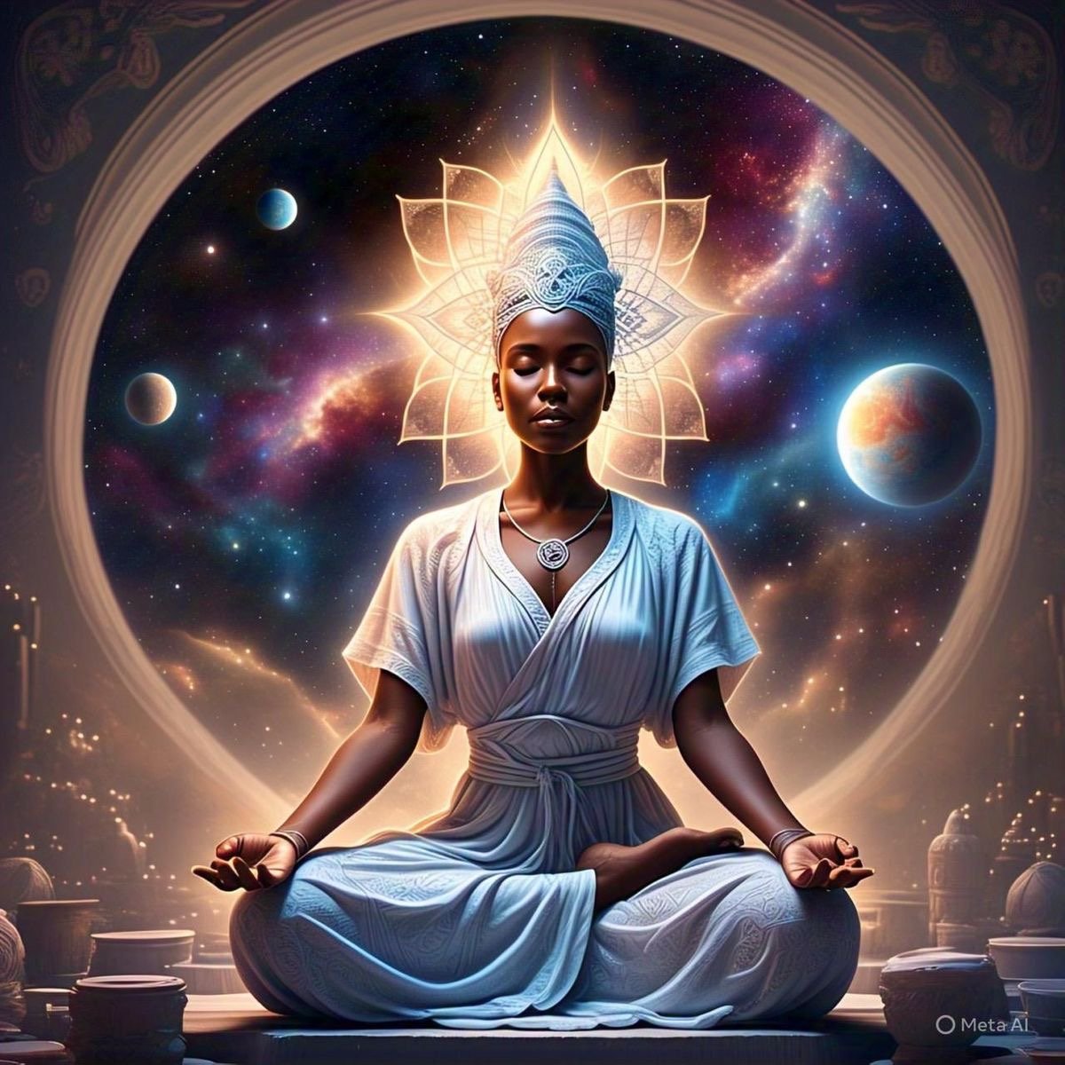 A woman in white meditation attire sitting cross-legged with her eyes closed, surrounded by a cosmic background with planets and stars, and a glowing lotus design behind her head.