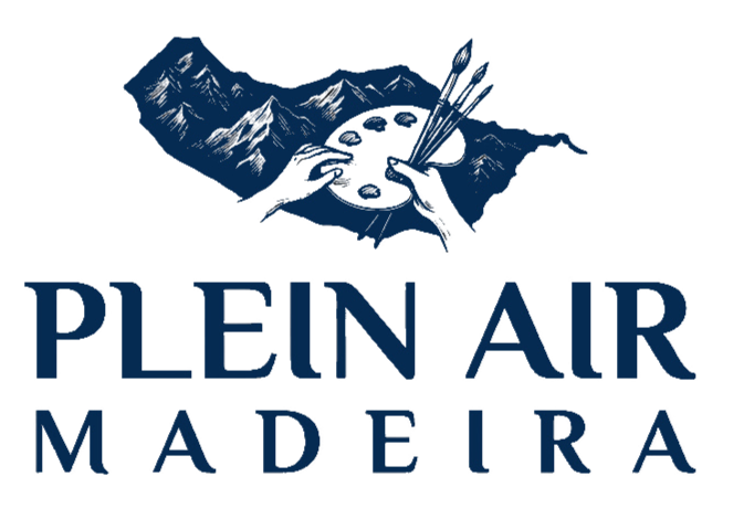 Logo for Plein Air Madeira featuring a mountain landscape, artist's palette, and paintbrushes.