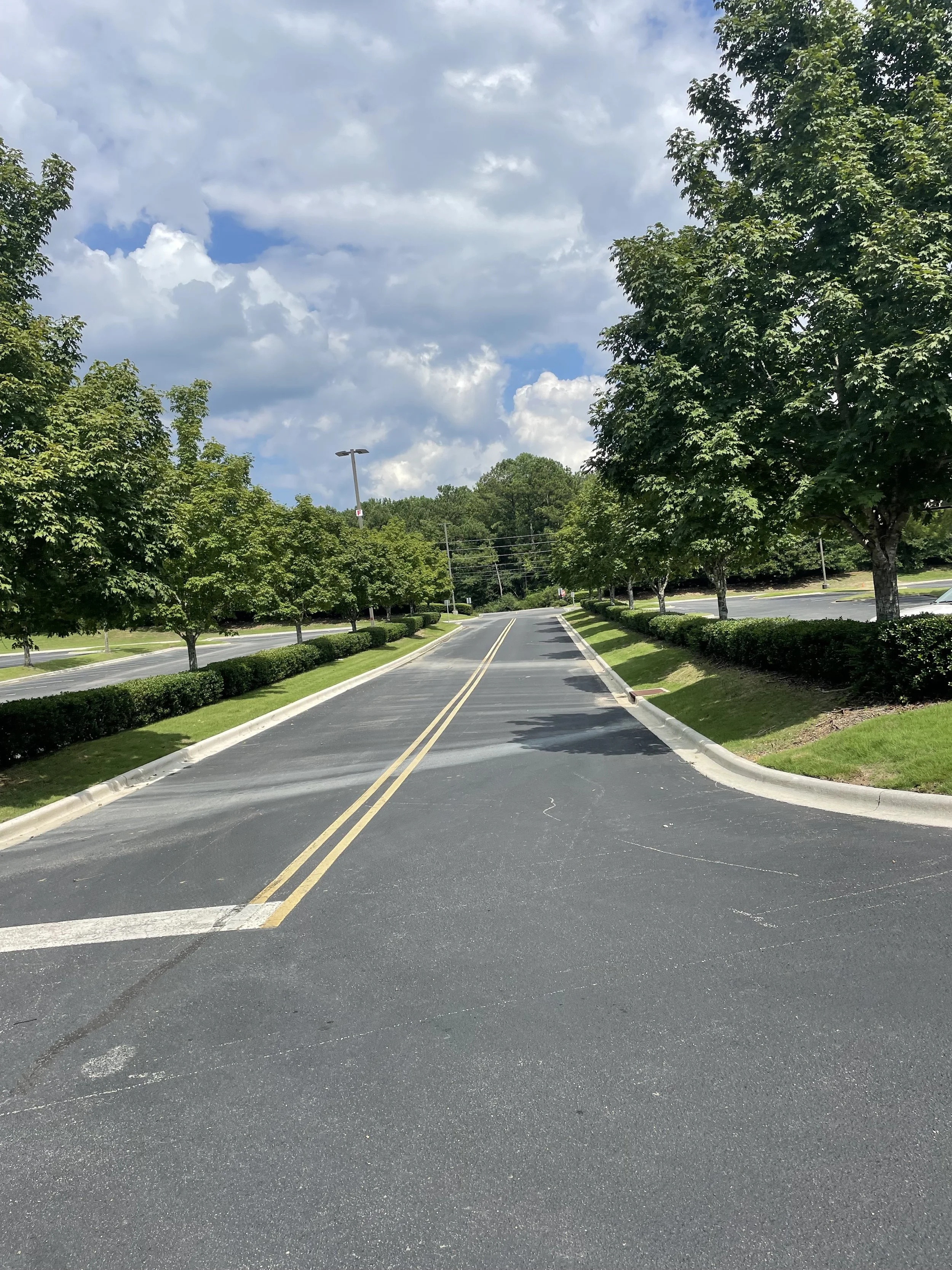 A paved parking lot with yellow lines, lined with green bushes and trees, under a partly cloudy sky.