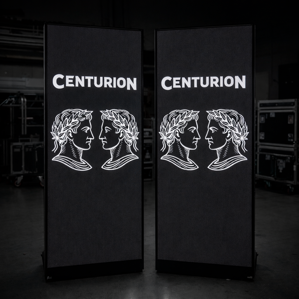 Two black vertical signs with white text that read "CENTURION" and a white graphic of two side profiles of Roman-style busts facing each other, adorned with laurel wreaths.