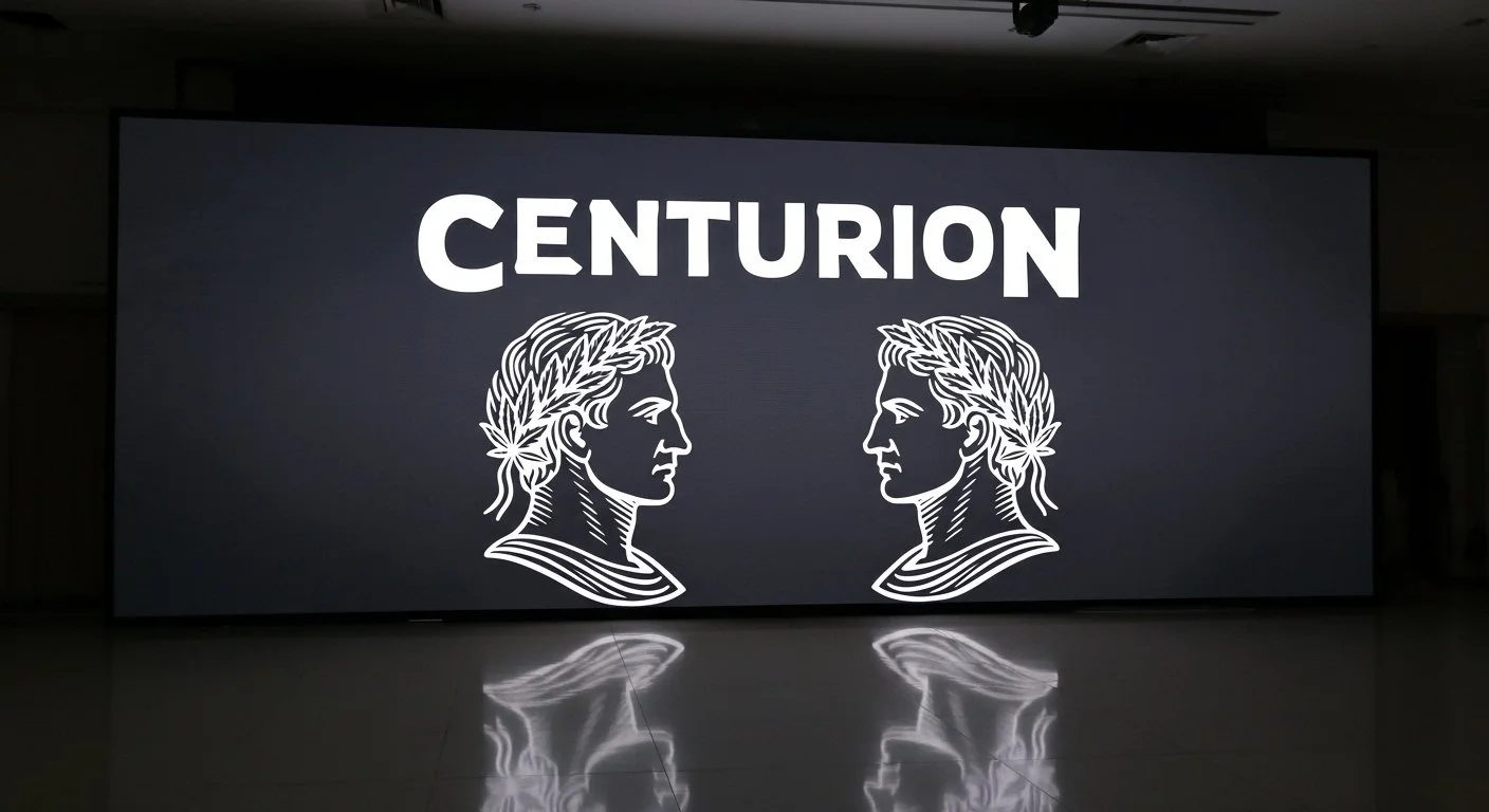 A digital display with the word 'Centurion' at the top, flanked by two navy blue line art profiles of Roman centurions wearing laurel wreaths, against a dark background.