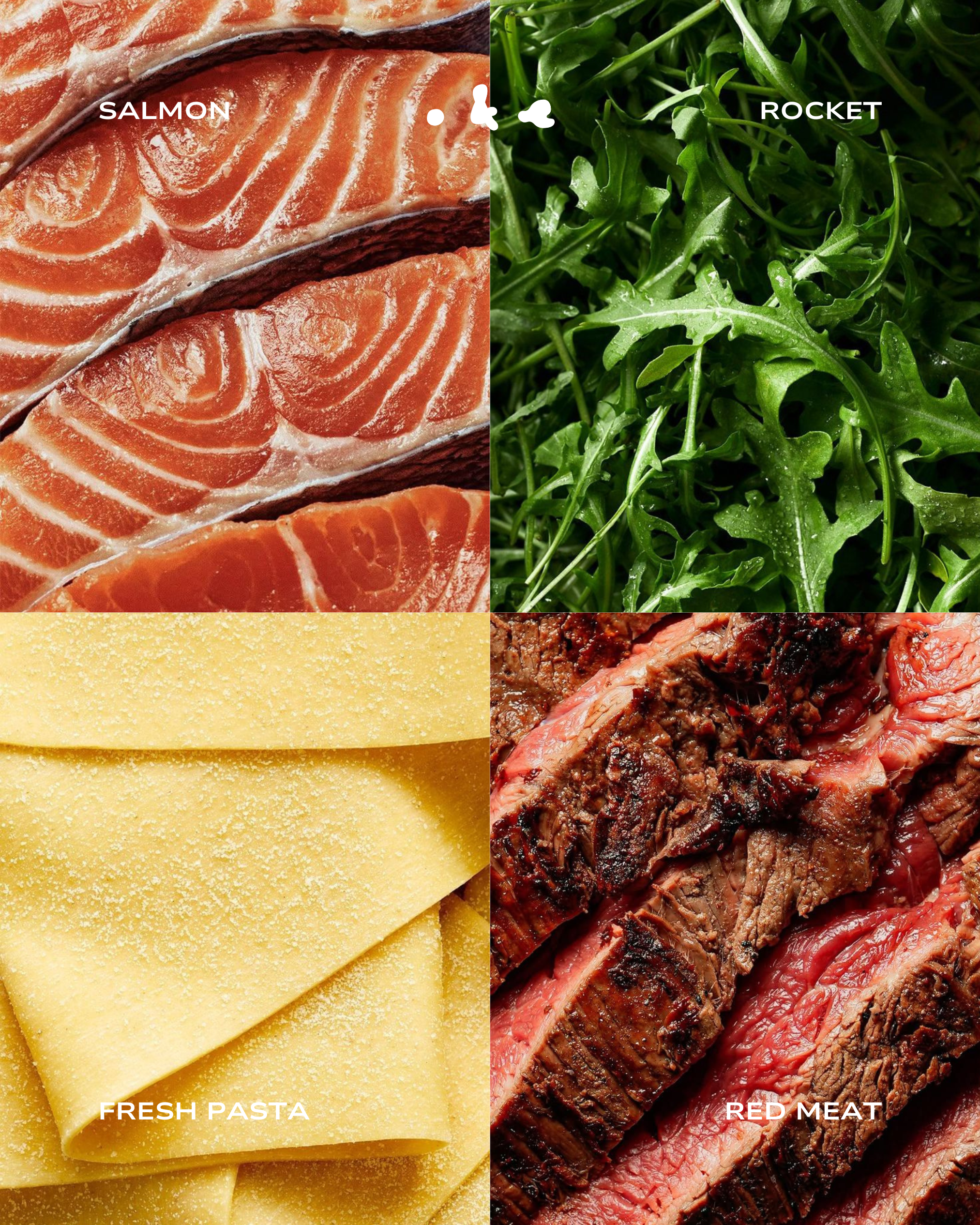 Salmon, Rocket, Pasta, Red Meat