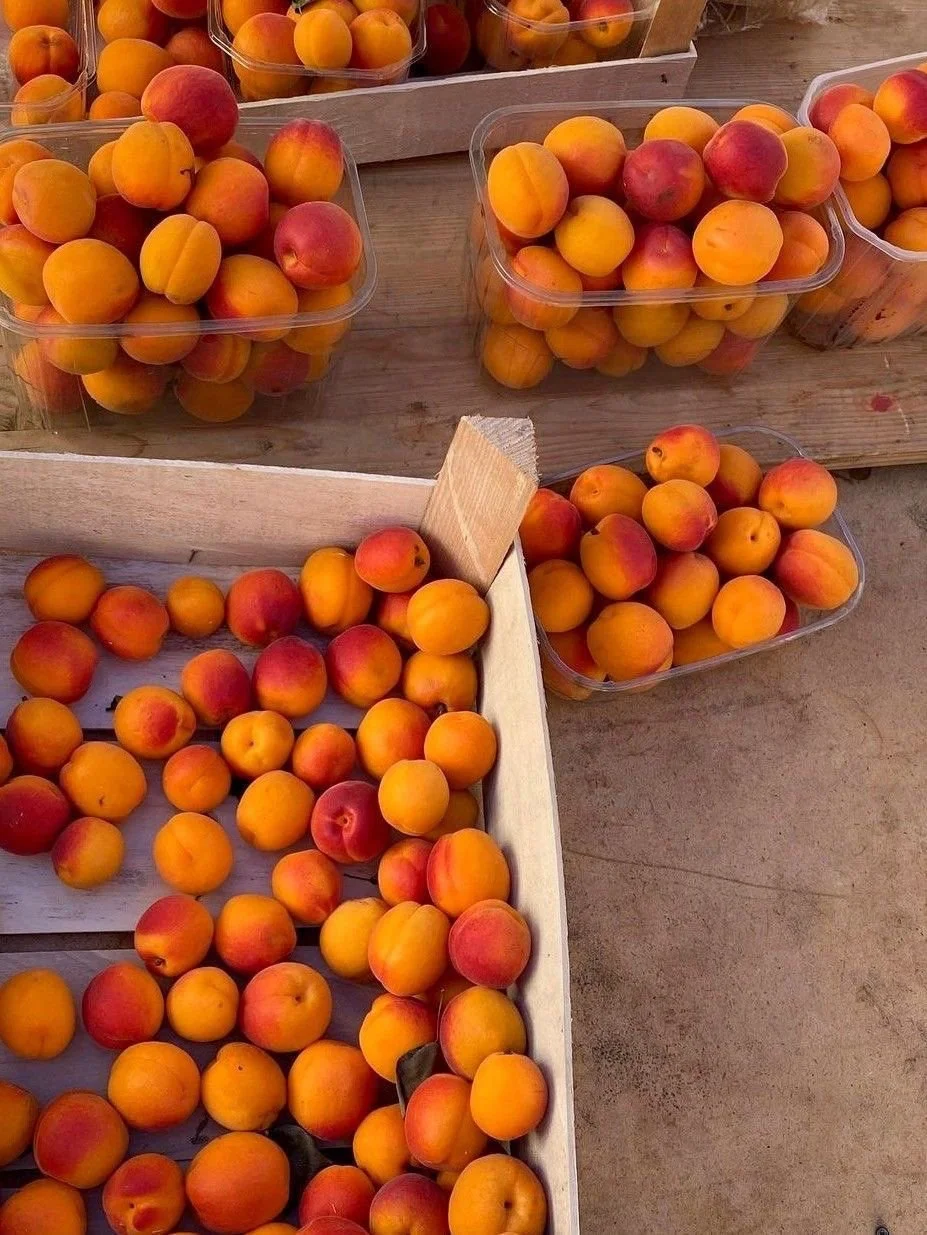Multiple plastic containers filled with fresh peaches placed on a wooden surface.