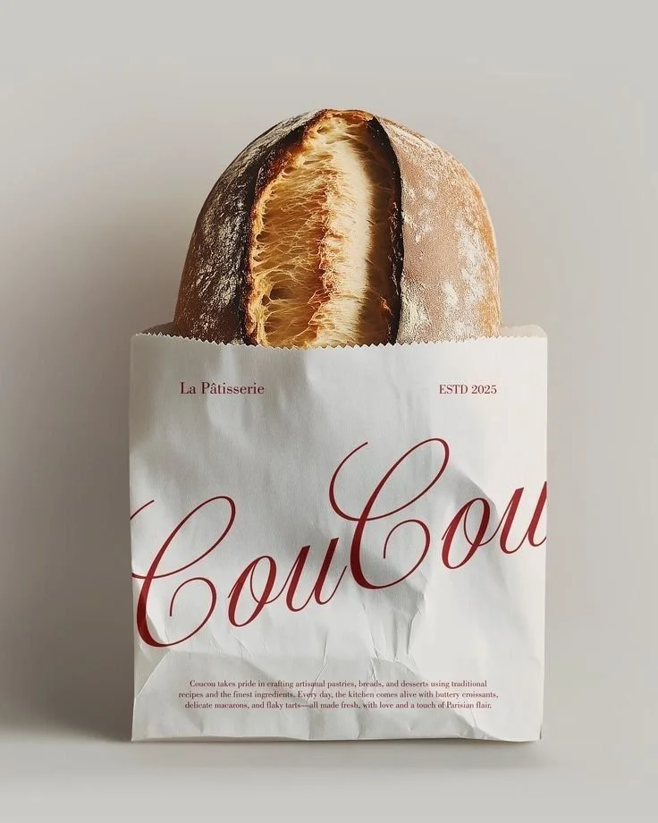 A loaf of bread with a partially sliced opened crust, wrapped in white paper with red cursive text and small print, against a plain light background.