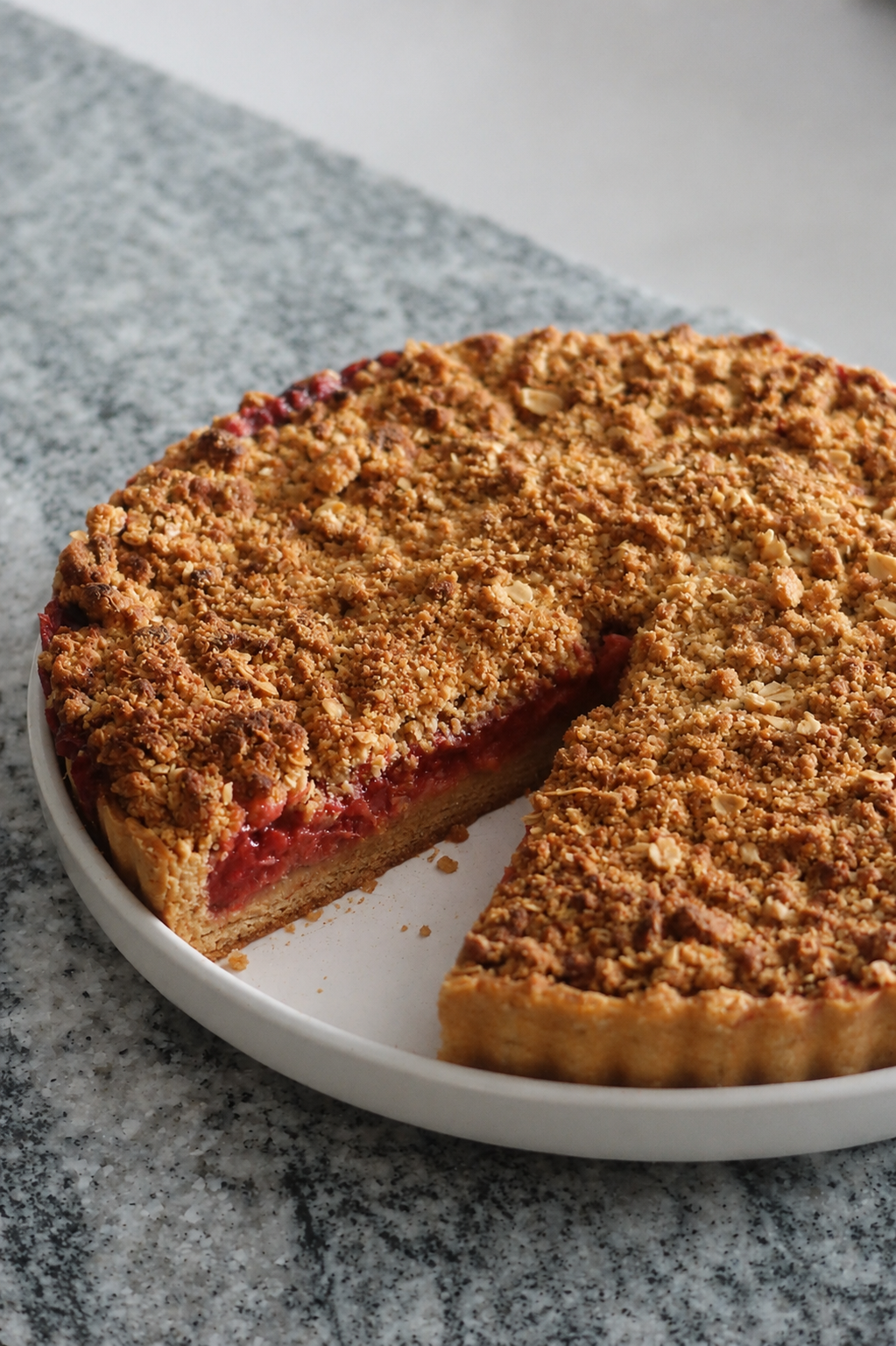 Rhubarb and Strawberry Oat Crumble Tart