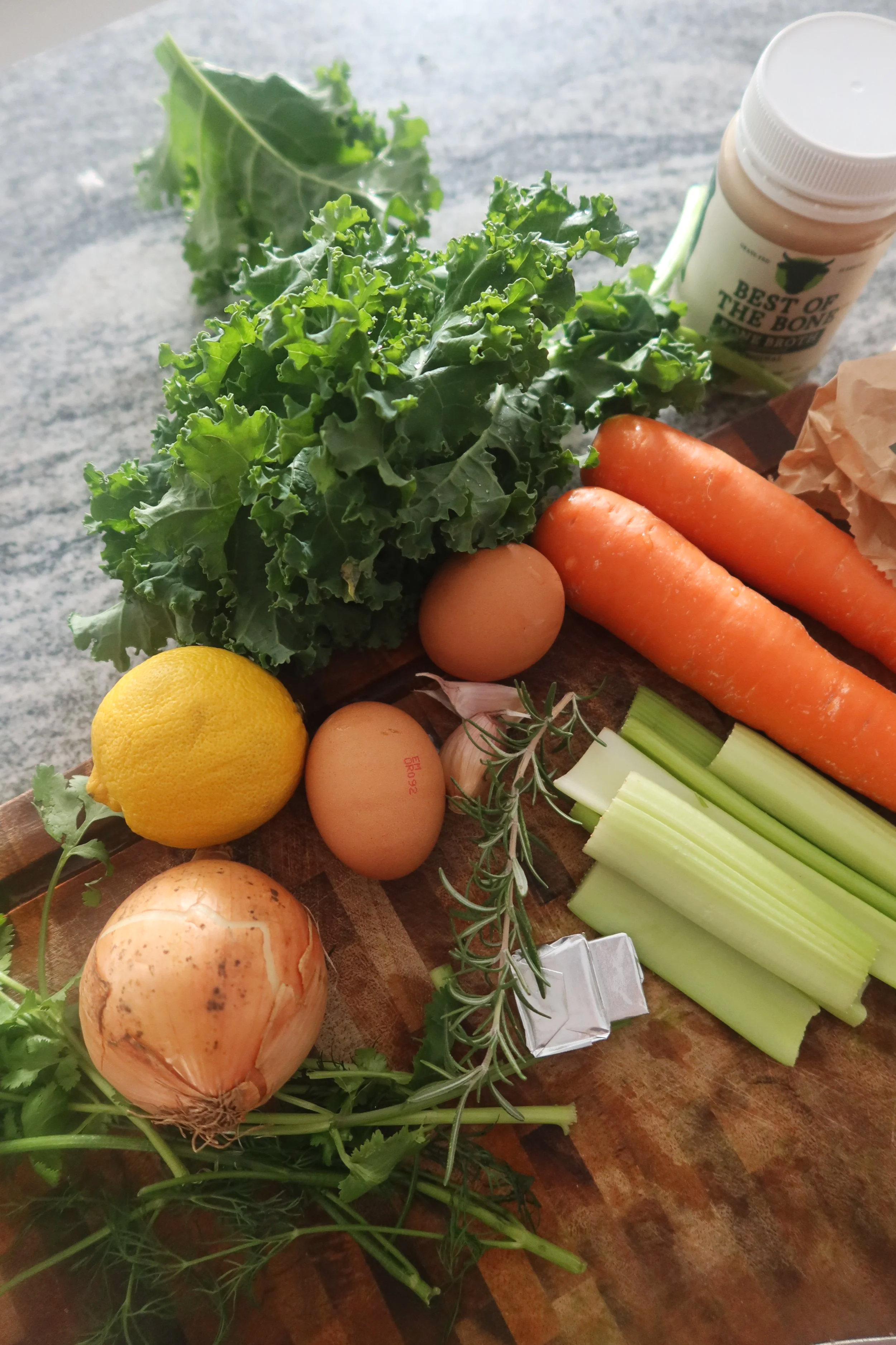Ingredients, Carrot, Kale, Celery, Eggs, Lemon, Bone Broth