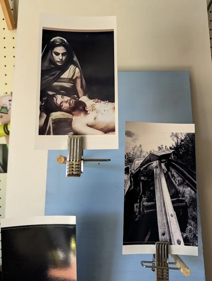 three photographs of of difference, one a dying naked man on a woman's lap, scene of car crash and partial abstract colour image