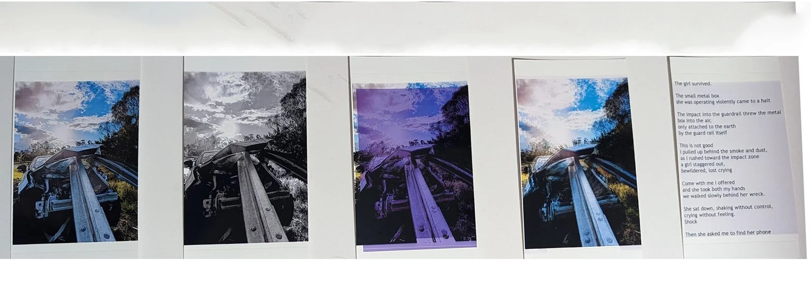 Four digital images of a car crash scene on Smith Street Gold Coast. Each image is treated like a different postcard. The fifth image is text describing the scene in prose.