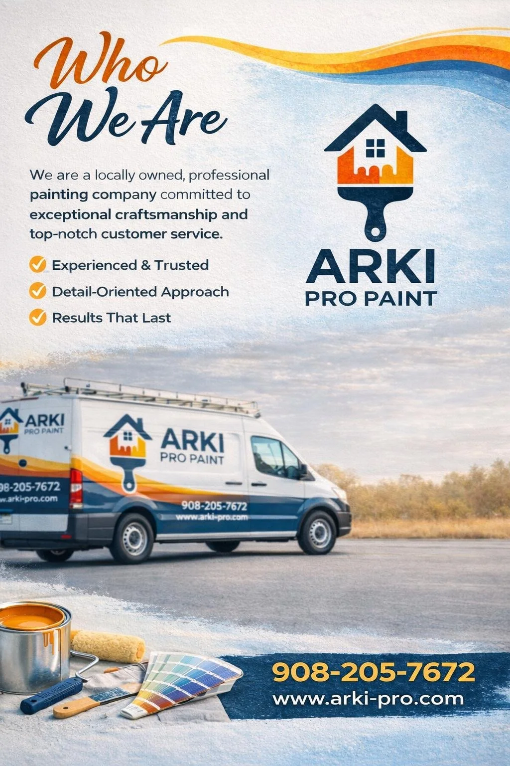 Flyer for ARKI Pro Paint featuring company logo, a van with branding, and paint supplies.