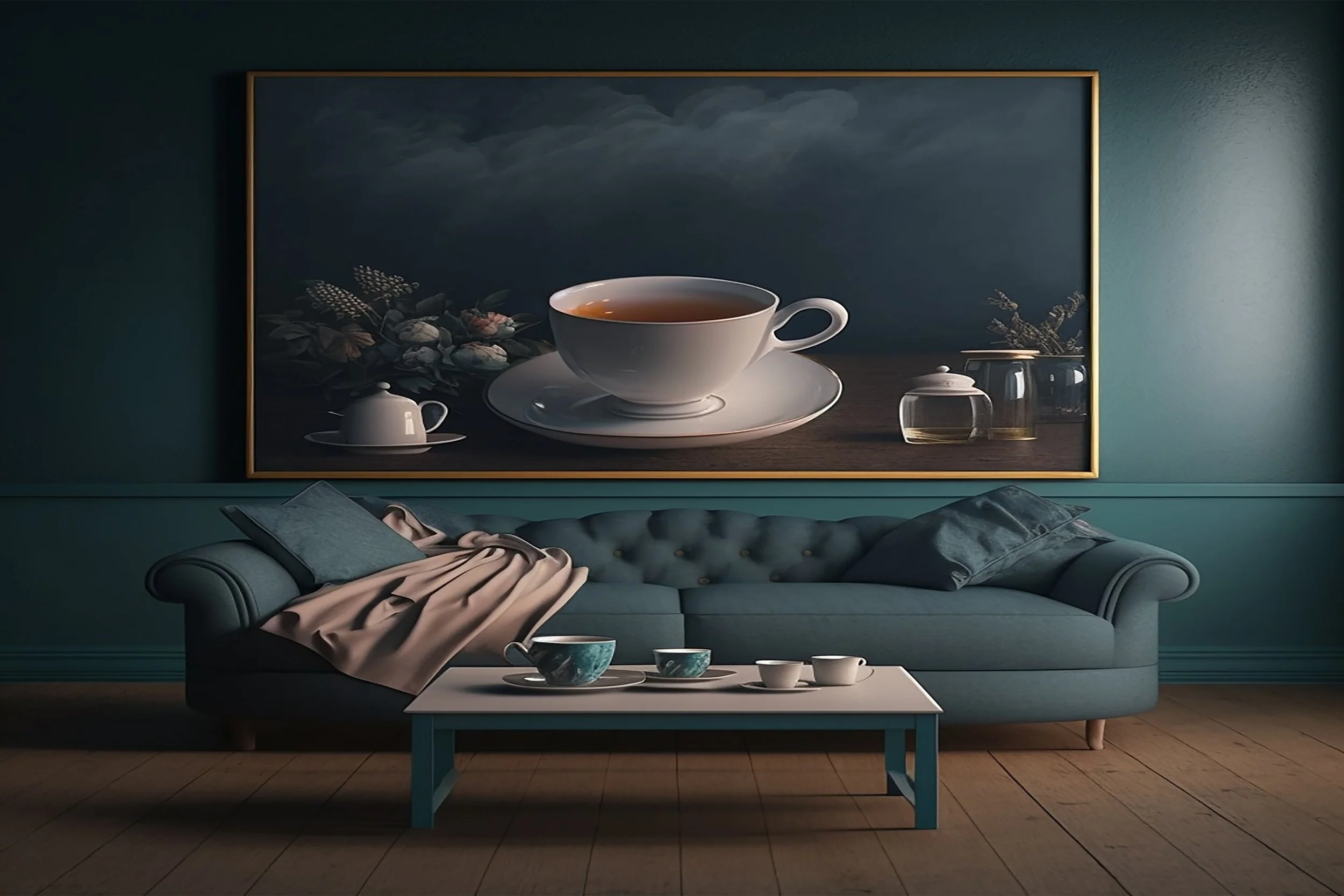 A living room with a teal wall, a large framed painting of a tea cup on a wooden table, a teal tufted sofa with pillows and a blanket, and a coffee table with teacups and a bowl.