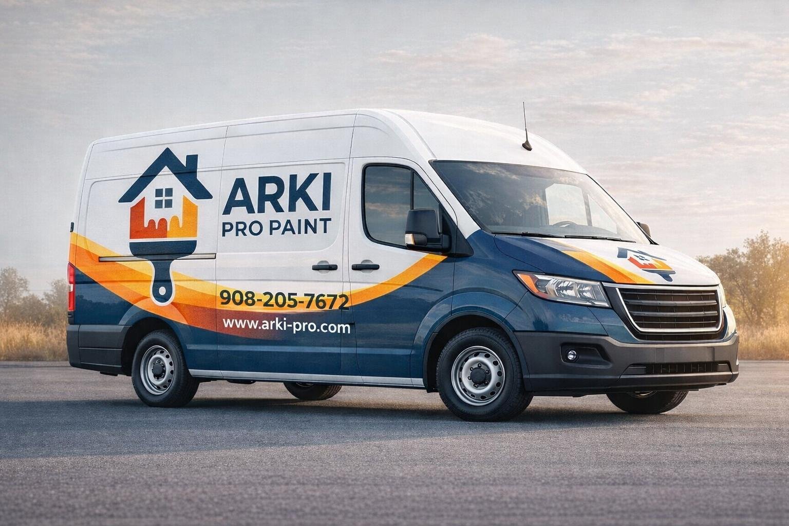A white company van with blue and orange graphics and modern lettering, displaying the words 'ARKI PRO PAINT', a phone number 908-205-7672, and website www.arki-pro.com. The van features a house with a paintbrush in the logo.