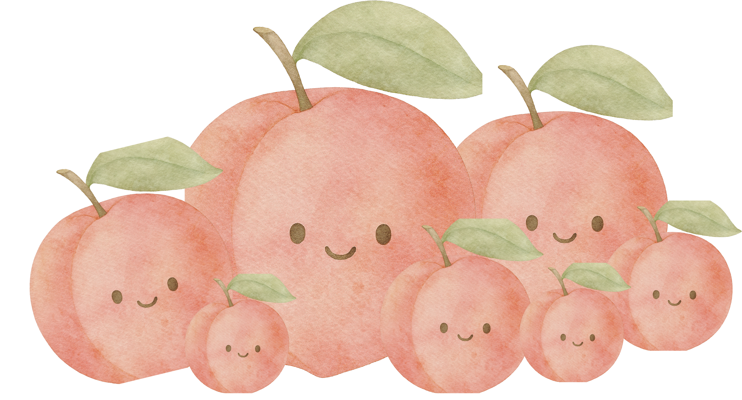 Watercolor illustration of six peaches with green leaves, each with a cute smiling face.