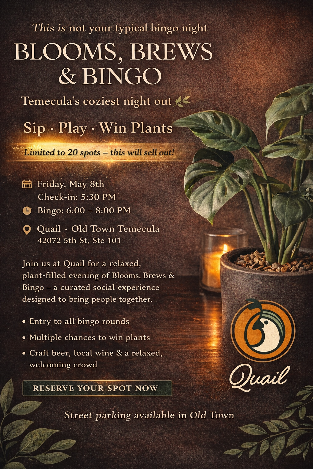 🌿 Blooms, Brews & Bingo Experience, Friday May 8th 2026 at Quail in Old Town Temecula