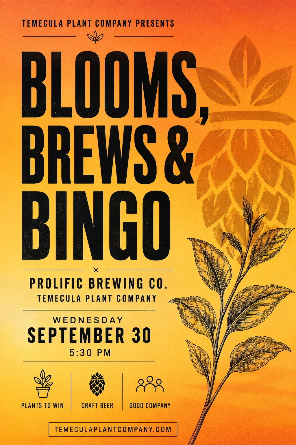 🌿 Blooms, Brews & Bingo Experience, Wednesday September 30th 2026 at Prolific Brewing Co in Temecula