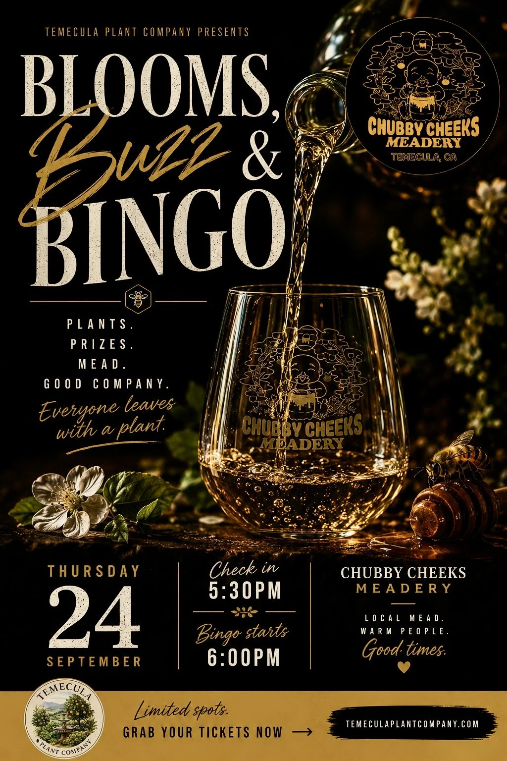 🌿 Blooms, Buzz & Bingo Experience, Thursday September 24th 2026 at Chubby Cheeks Meadery in Temecula