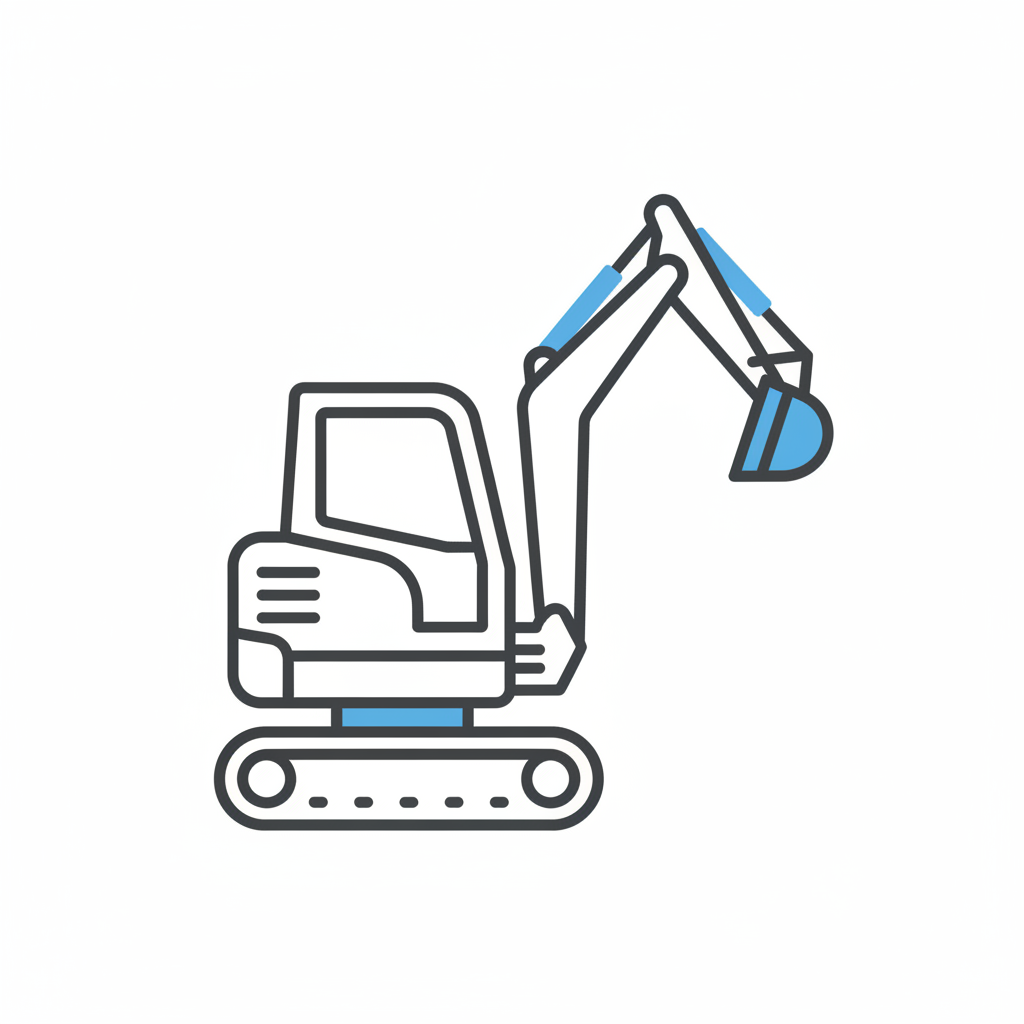 Line drawing of an excavator with blue accents on the arm and bucket.