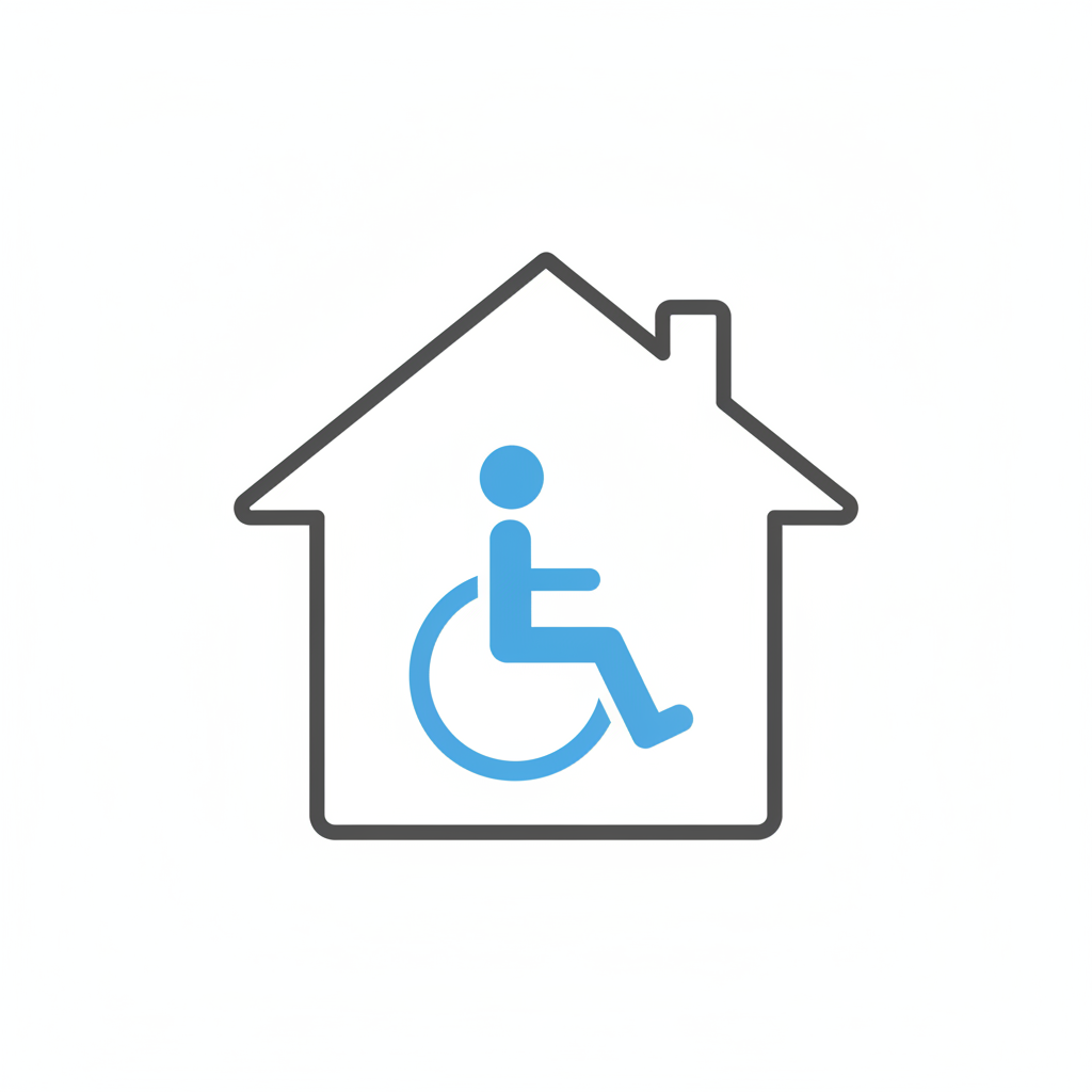 A house-shaped outline with a wheelchair accessibility symbol inside, indicating a wheelchair accessible home or facility.