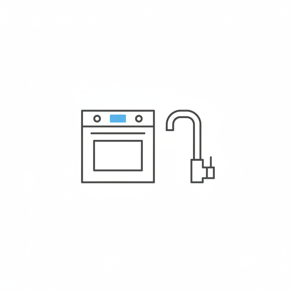 Line drawing of a stove and a faucet.